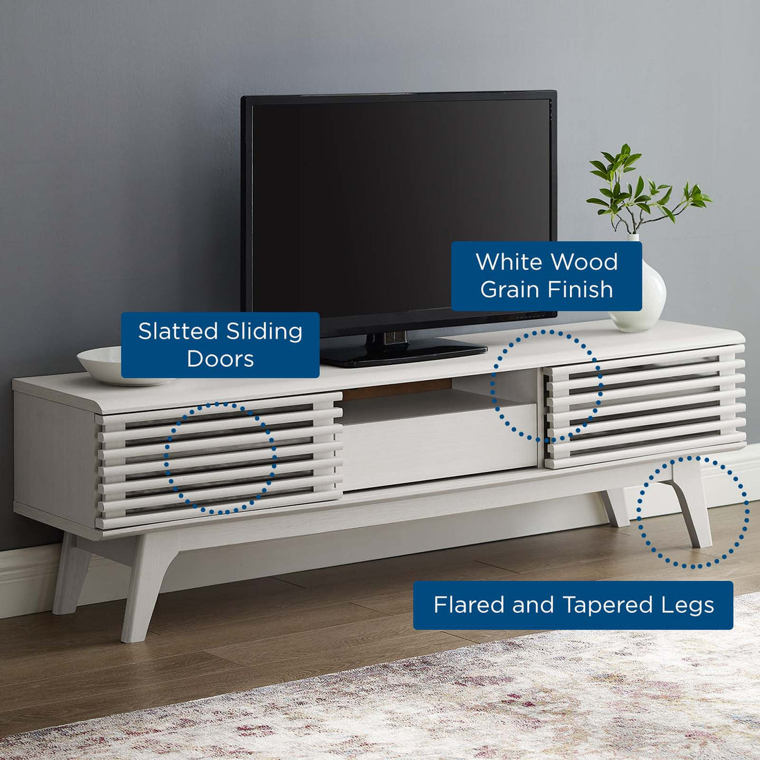 Render 59” TV Stand | White &amp; Walnut Finish Options | Mid-Century Style | Smooth Wood Grain Laminate | Dual Slatted Sliding Doors | Center Cable Management Hole image 2