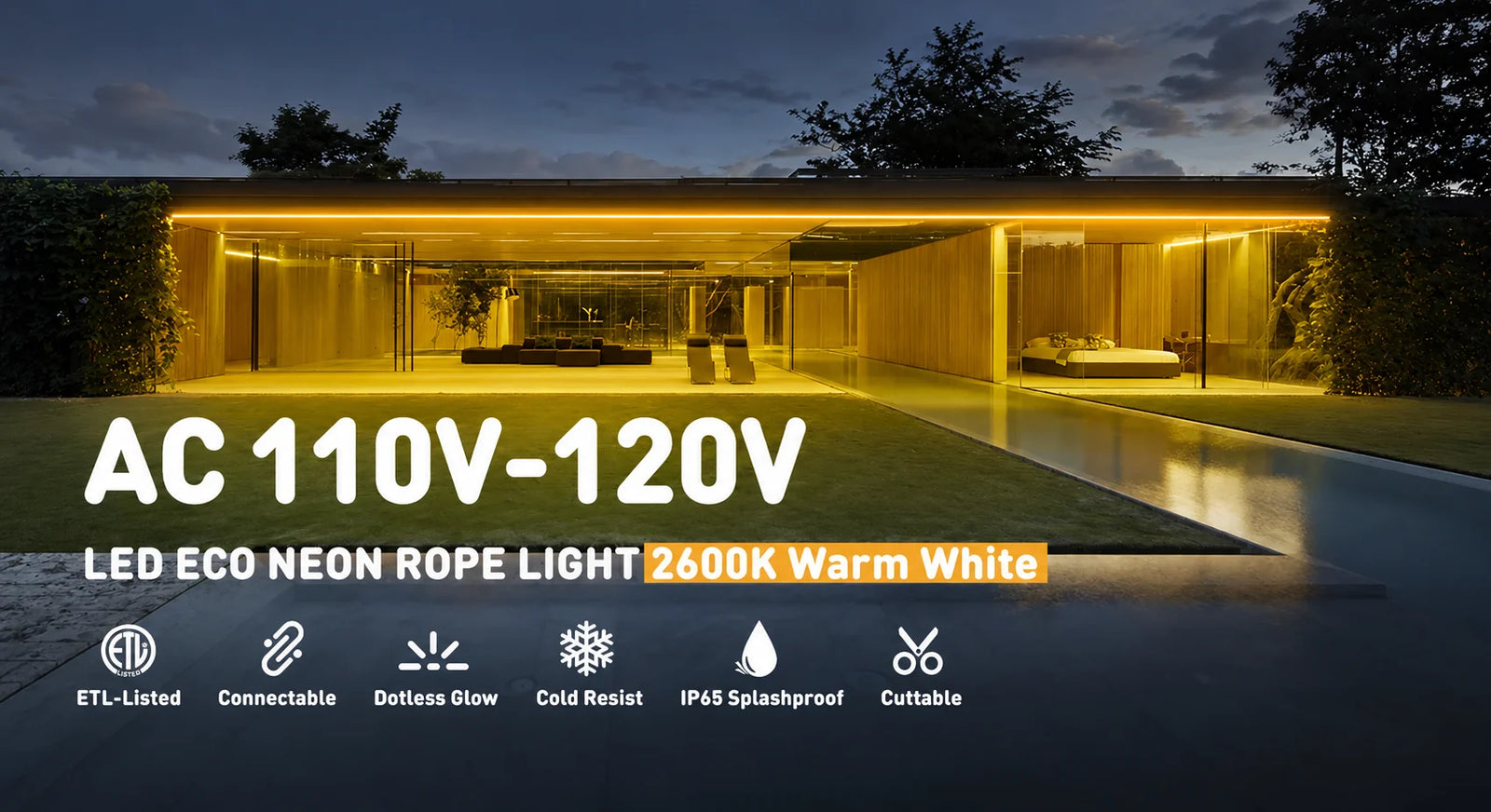 2600K Warm White LED Neon Rope Light – Dotless, Dimmable, IP65, ETL Listed