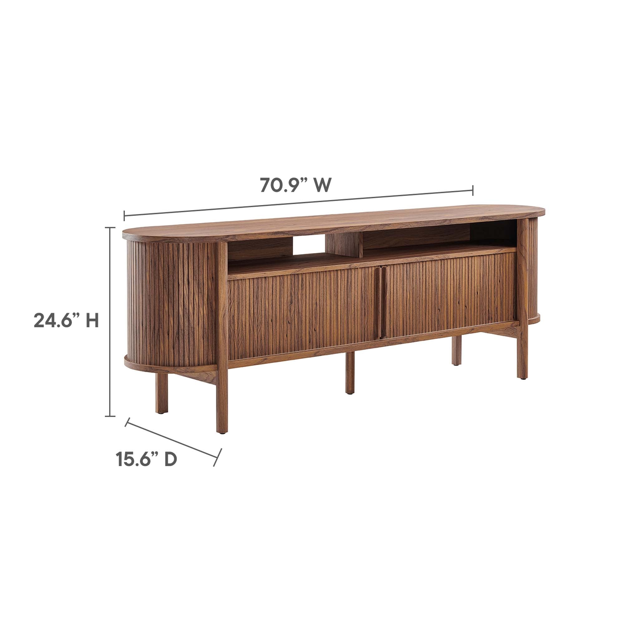 Cadence 71" Curved TV Stand | Oak &amp; Walnut Finish Options | Wood, Particleboard, MDF | Wood Grain Laminate | Adjustable Shelf | Cable Management Hole | Leveling Non-Marking Feet image 2