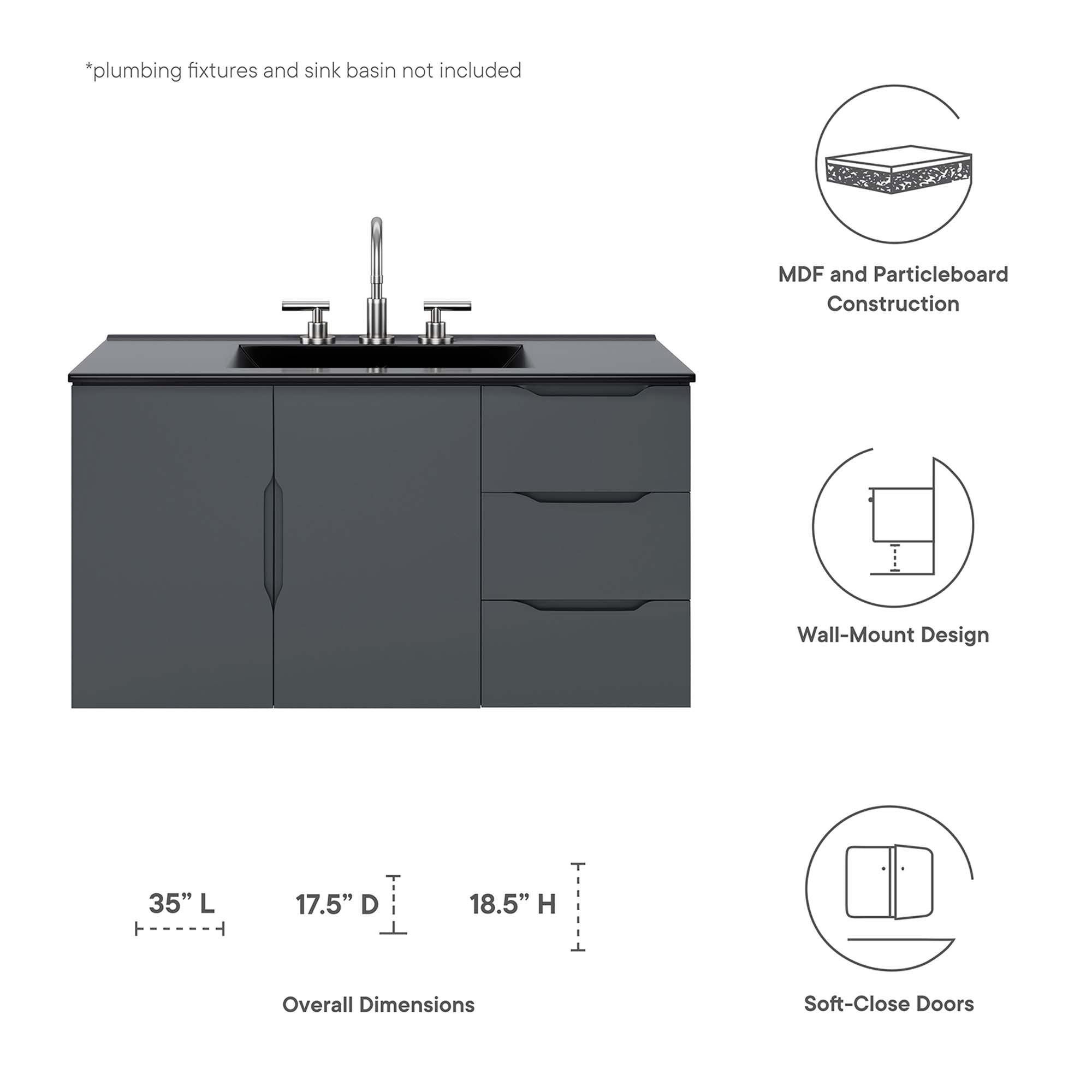 24" Or 36" | Bathroom Vanity Cabinet (Sink Basin Not Included) | White Or Gray Color Options | Vitality Series | Modern Bathroom Vanity | Soft-Close Doors | Wall-Mount Design image 1