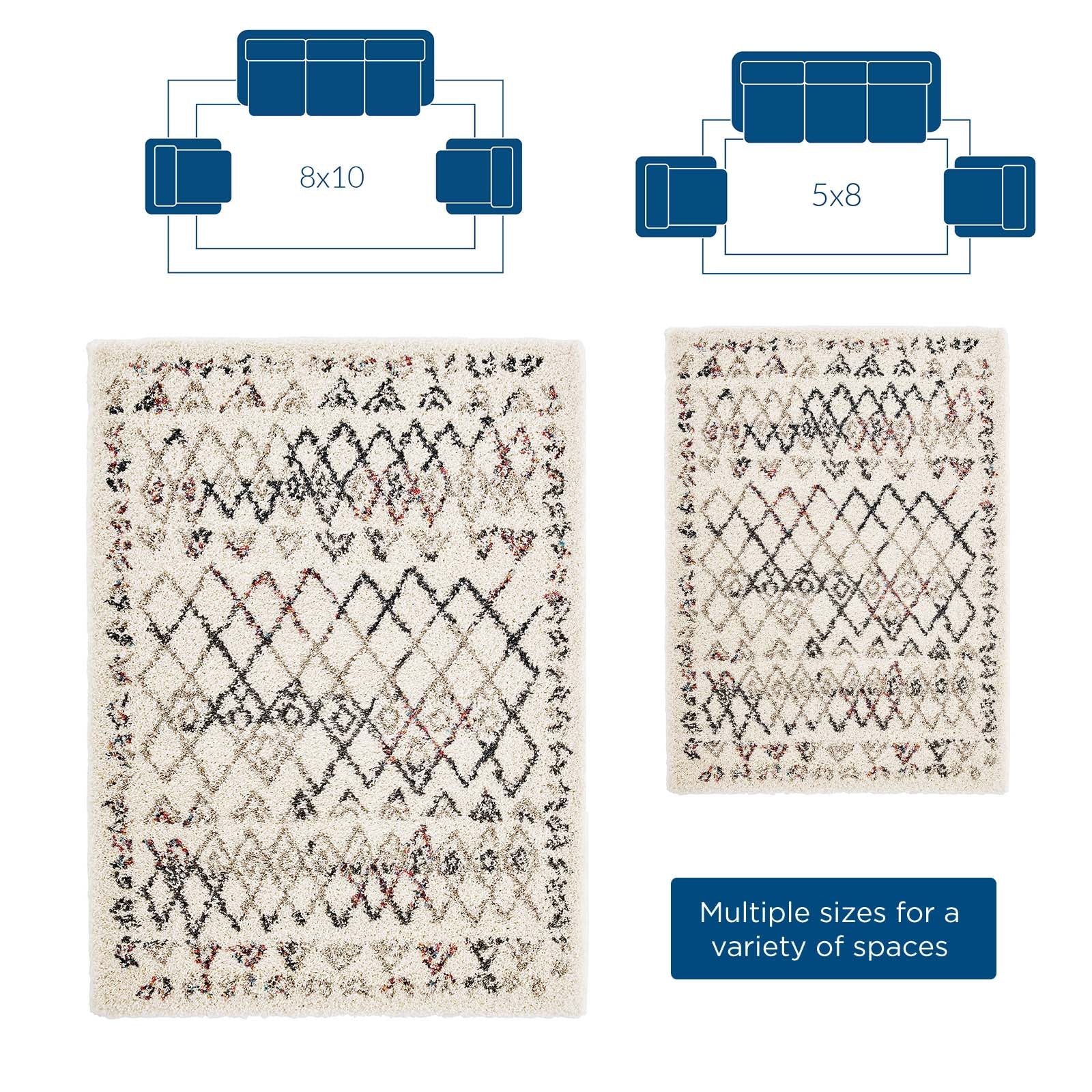 Multicolored Skadi Rainbow Diamond Shag 5 X 8 Area Rug | Shag Weave Approx. 2 Inches | Grooved Rubber Grip Bottom | 80% Polypropylene / 20% Polyester image 4