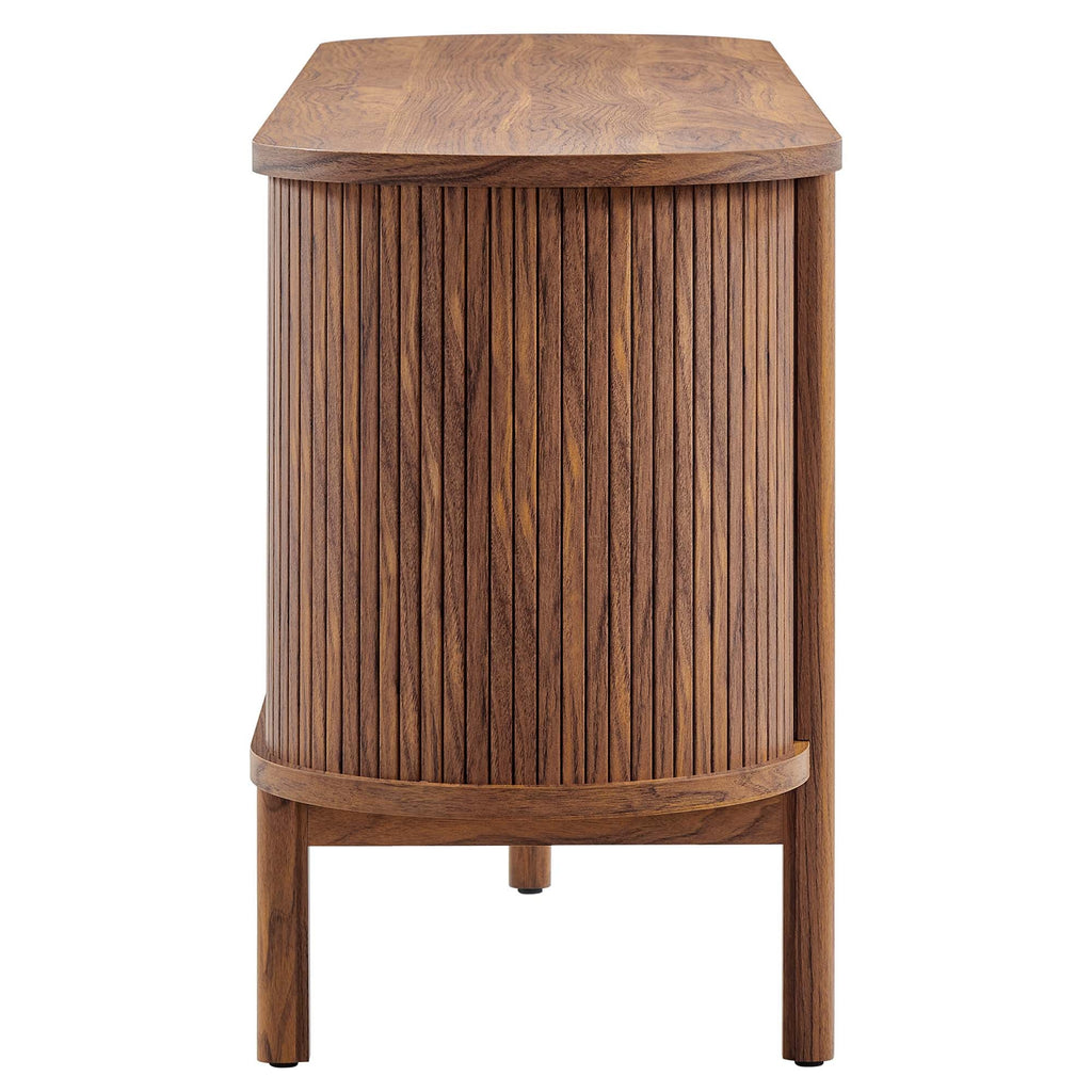Cadence 71" Curved TV Stand | Oak &amp; Walnut Finish Options | Wood, Particleboard, MDF | Wood Grain Laminate | Adjustable Shelf | Cable Management Hole | Leveling Non-Marking Feet image 10
