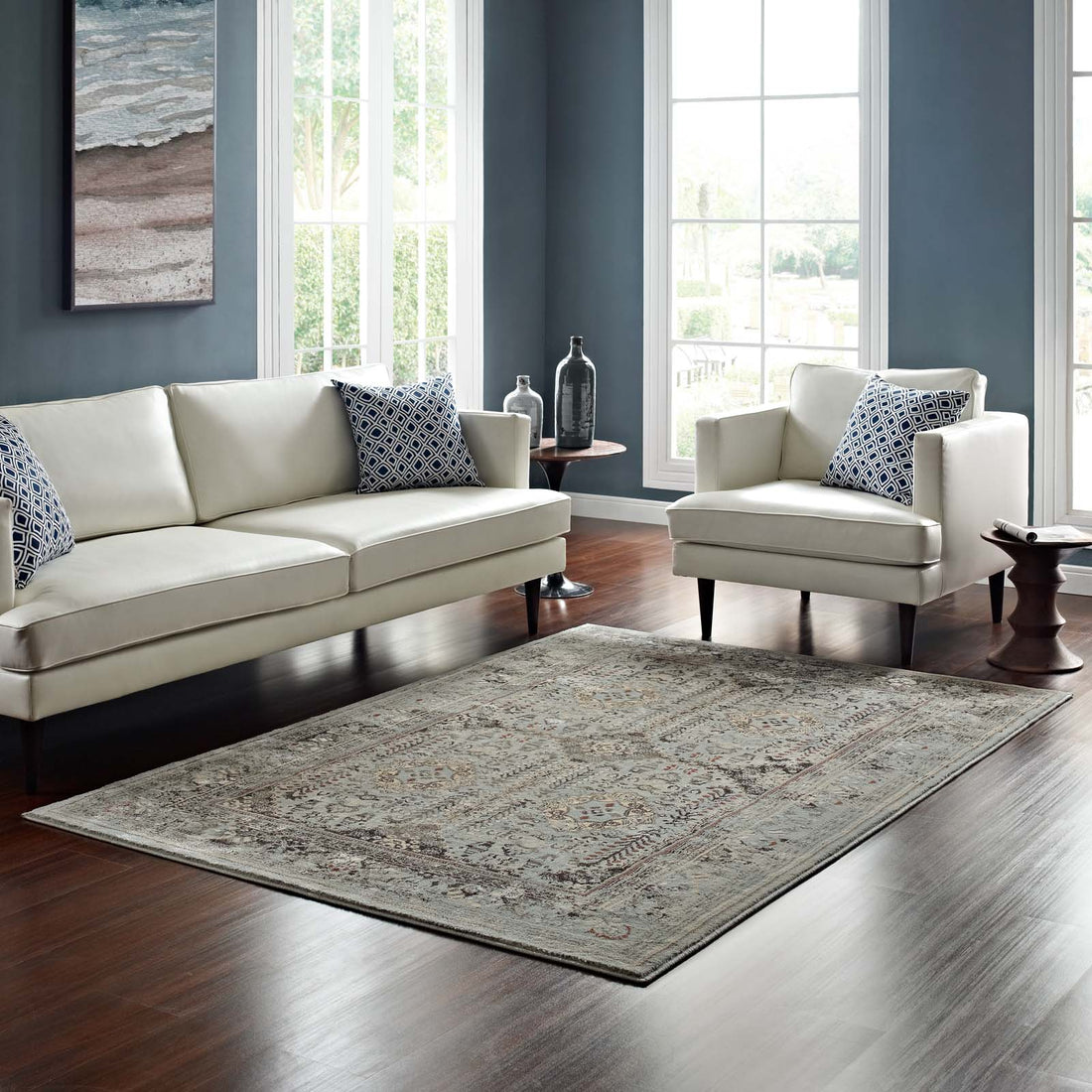 Enye Distressed Vintage Floral Lattice Area Rug | Brown and Silver Blue  | 5X8 &amp; 8X10 Size Options | Tight Low Pile Weave | Gripping Rubber Underside | Two-Ply Polypropylene Yarn image 2