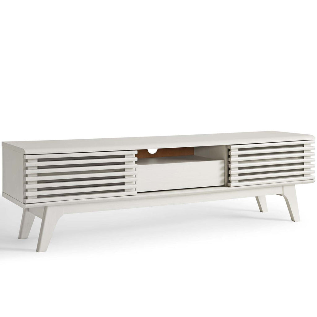 Render 59” TV Stand | White &amp; Walnut Finish Options | Mid-Century Style | Smooth Wood Grain Laminate | Dual Slatted Sliding Doors | Center Cable Management Hole image 8