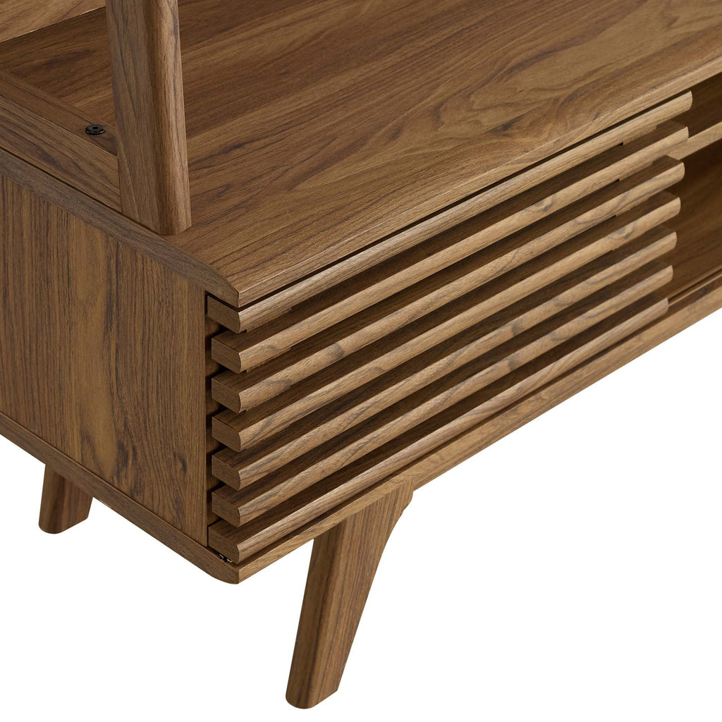 Render TV Stand Entertainment Center | Walnut Finish | Mid-Century Modern Entertainment Center | Smooth Wood Grain Laminate | Durable Particleboard and MDF Construction | Slatted Sliding Doors image 4