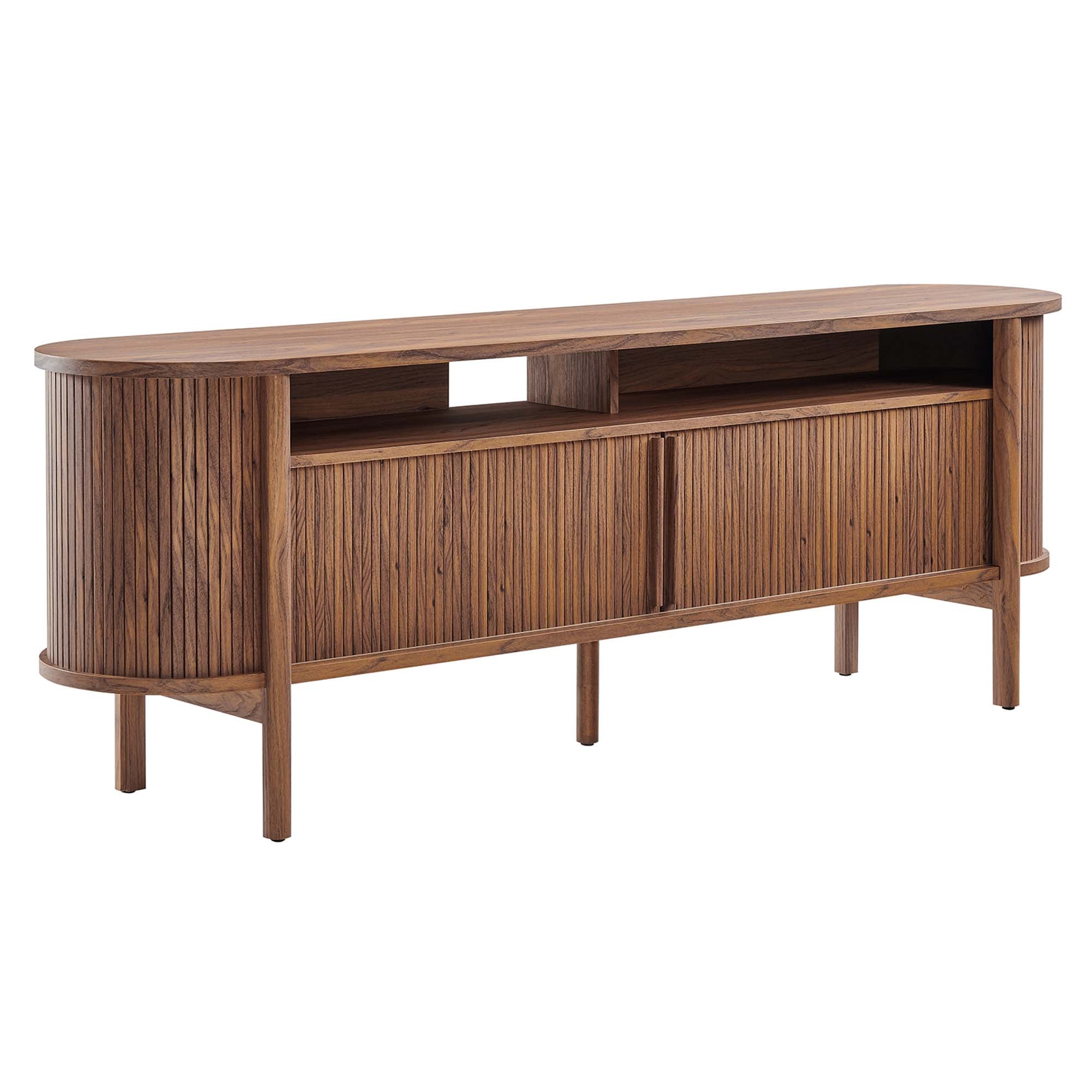 Cadence 71" Curved TV Stand | Oak &amp; Walnut Finish Options | Wood, Particleboard, MDF | Wood Grain Laminate | Adjustable Shelf | Cable Management Hole | Leveling Non-Marking Feet image 11