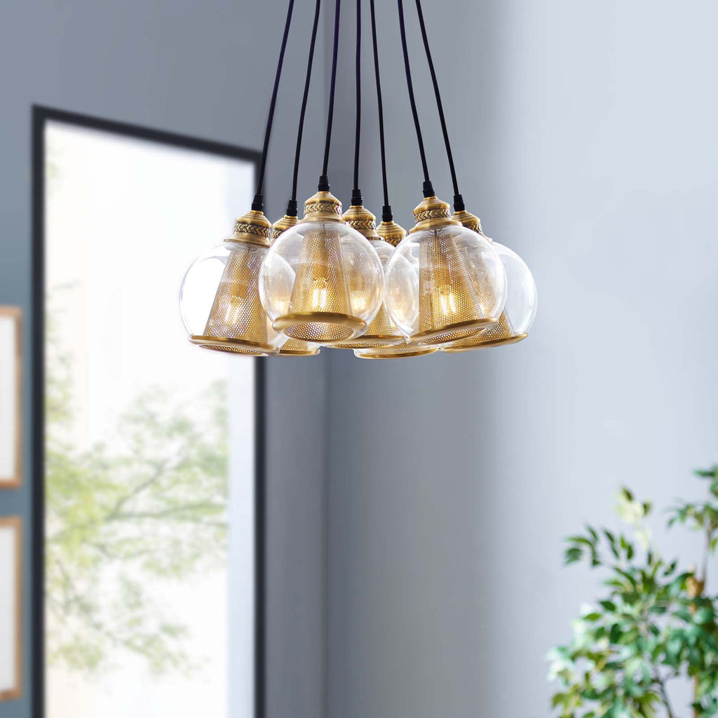Peak Brass Cone and Glass Globe Cluster Pendant Chandelier | Suspended Mount | Modern Style Chandelier image 2
