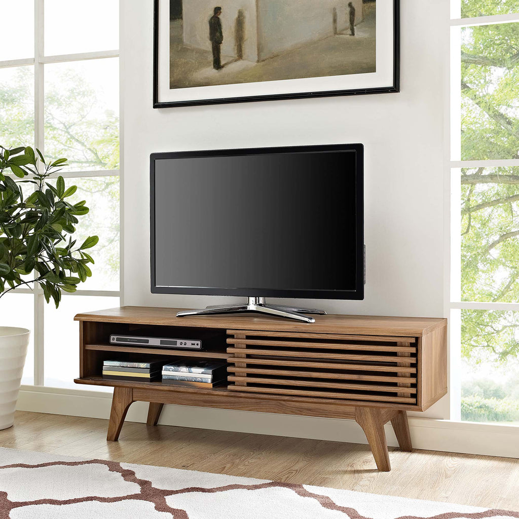 Render 48” TV Stand | Oak &amp; Walnut Finish Options | Mid-Century Style | Smooth Wood Grain Laminate | Slatted Sliding Door | Two Cable Management Holes image 1