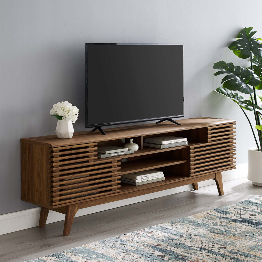Render 71" Media Console TV Stand | Oak &amp; Walnut Finish Options | Mid-Century Modern Entertainment Center | Smooth Wood Grain Laminate | Durable Particleboard and MDF Construction | Slatted Sliding Doors image 0