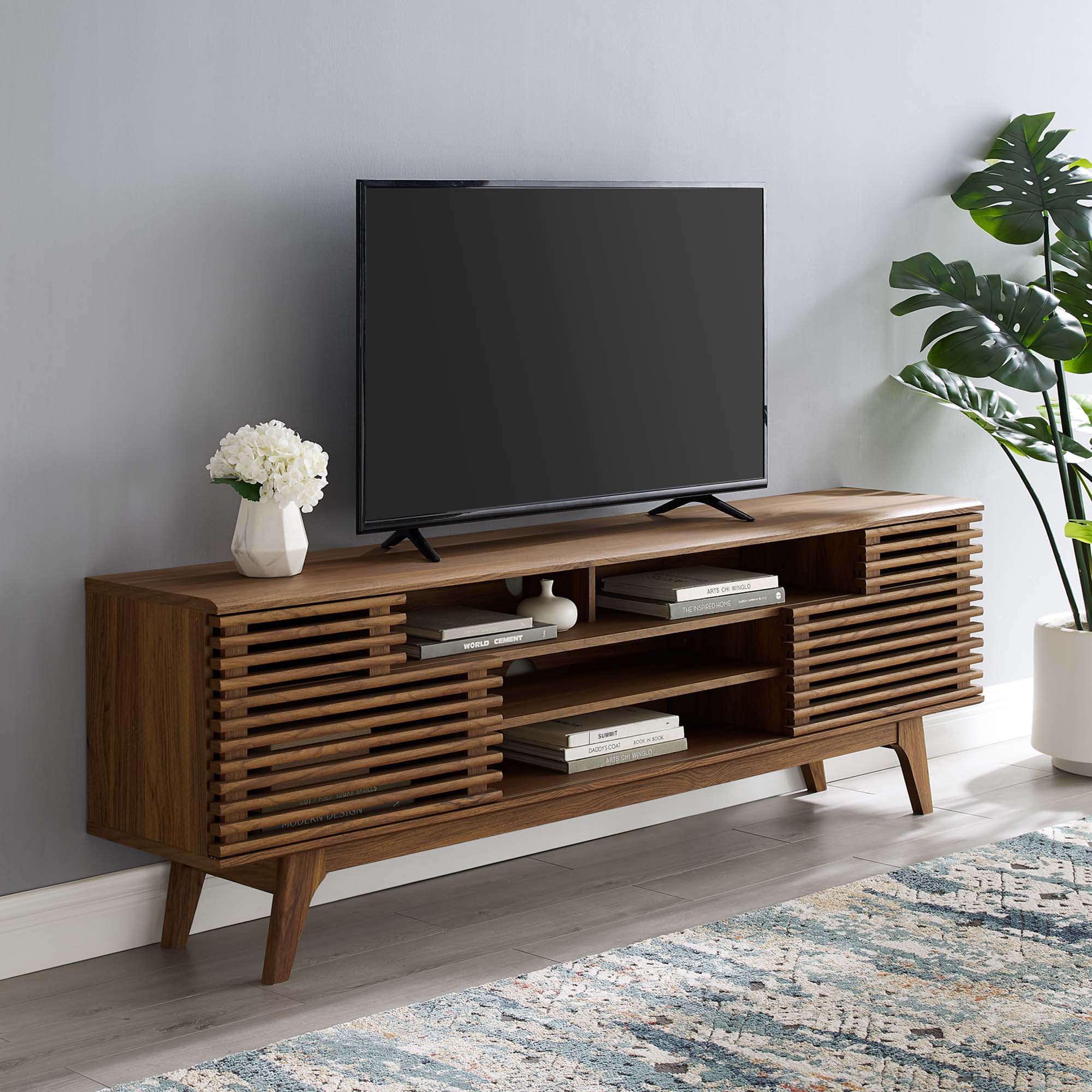 Render 71" Media Console TV Stand | Oak &amp; Walnut Finish Options | Mid-Century Modern Entertainment Center | Smooth Wood Grain Laminate | Durable Particleboard and MDF Construction | Slatted Sliding Doors image 0