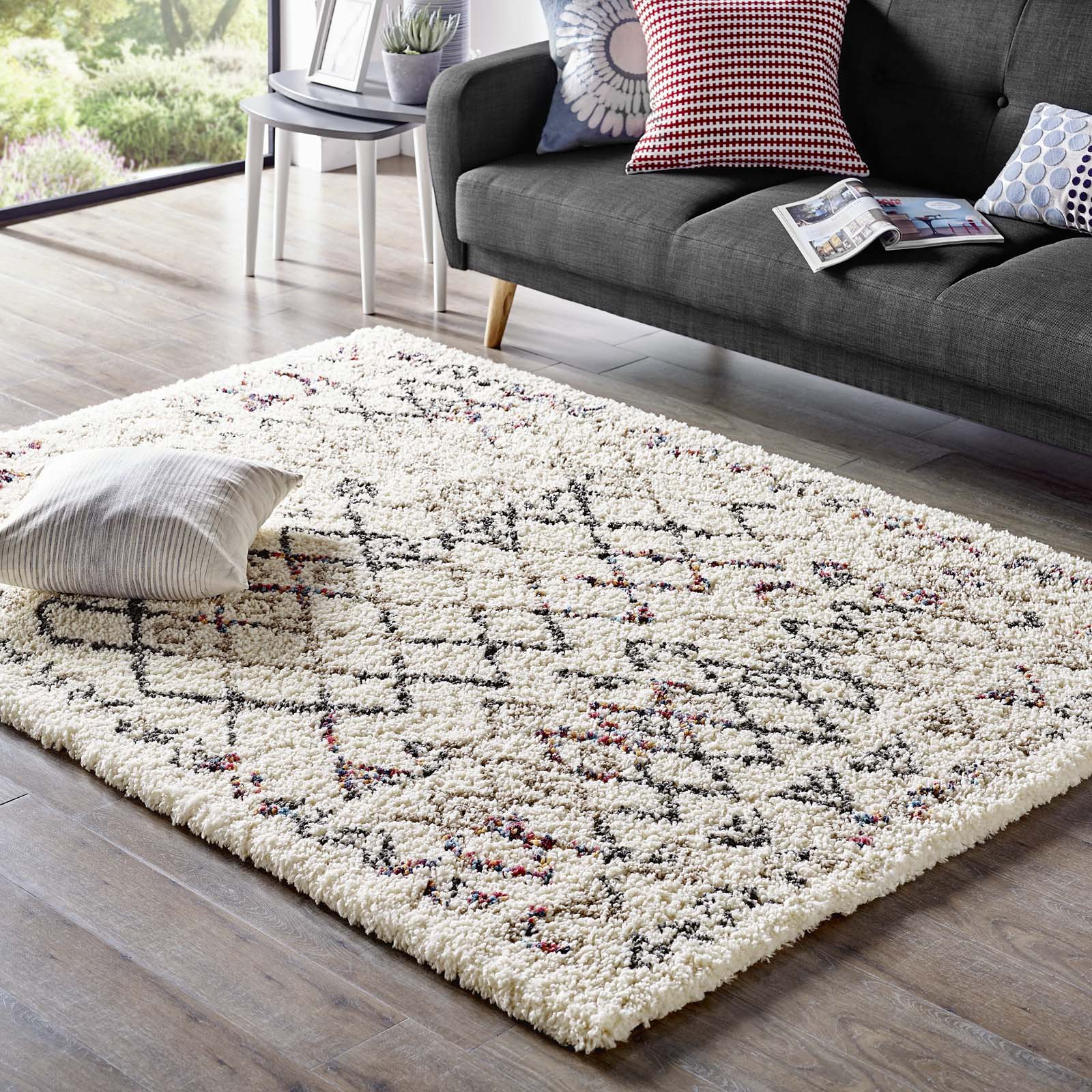 Multicolored Skadi Rainbow Diamond Shag 5 X 8 Area Rug | Shag Weave Approx. 2 Inches | Grooved Rubber Grip Bottom | 80% Polypropylene / 20% Polyester image 0
