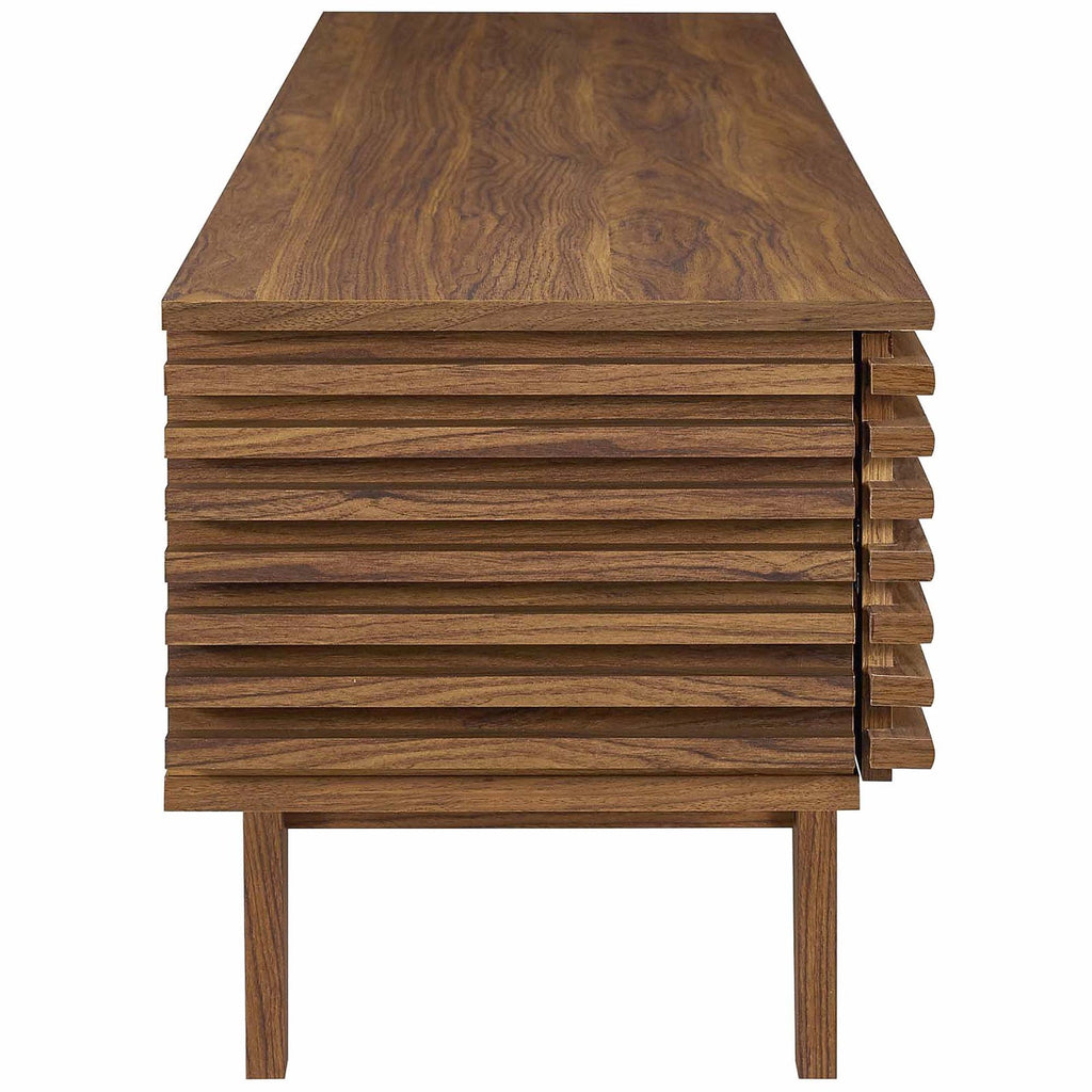 Render 71" TV Stand | Oak &amp; Walnut Finish Options | Mid-Century Modern TV Stand | Smooth Wood Grain Laminate | Durable Particleboard | Two Bottom-Hinged Doors image 7