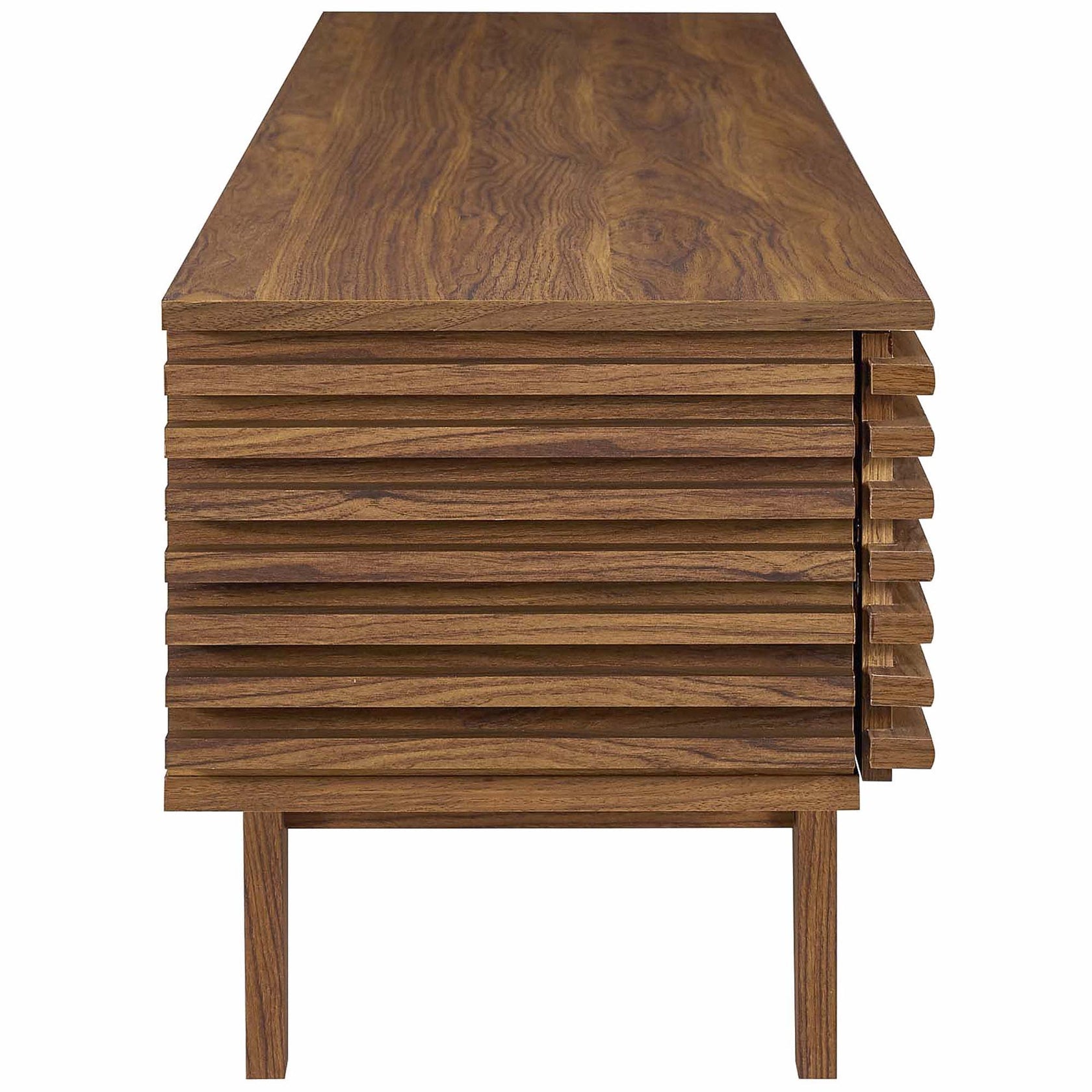 Render 71" TV Stand | Oak &amp; Walnut Finish Options | Mid-Century Modern TV Stand | Smooth Wood Grain Laminate | Durable Particleboard | Two Bottom-Hinged Doors image 7