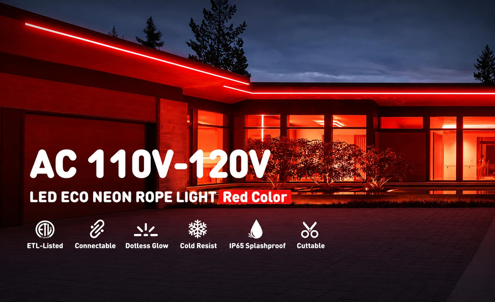 Red LED Neon Rope Light – Dotless, Dimmable, IP65, ETL Listed