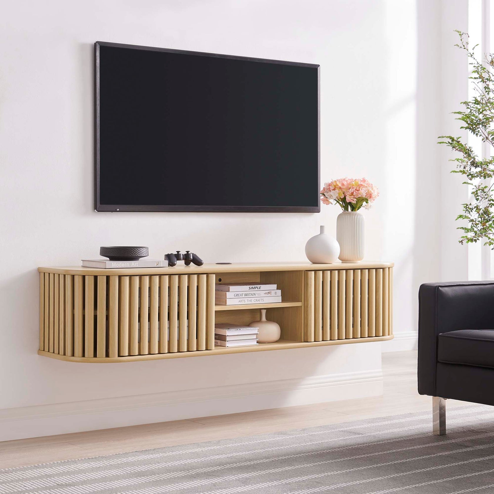 Fortitude 63" Wall-Mounted TV Stand | Walnut Black &amp; Oak Finish Options | Wall Mounted Design | Adjustable Shelves | Sliding Doors | Cable Management image 10
