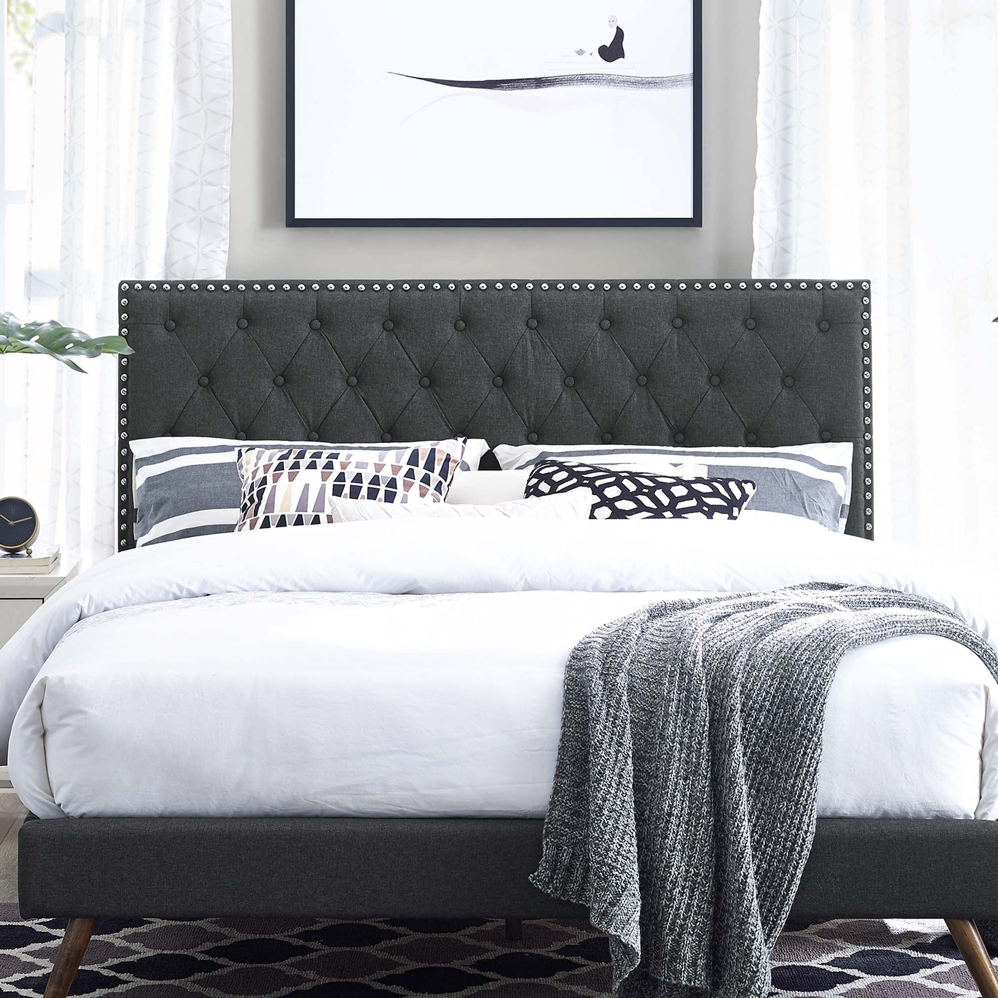 Helena Tufted Upholstered Linen Fabric Headboard | Fiberboard &amp; Plywood Frame | Elegant Diamond Tufted Pattern | Full / Queen Sizes | Gray Color image 0