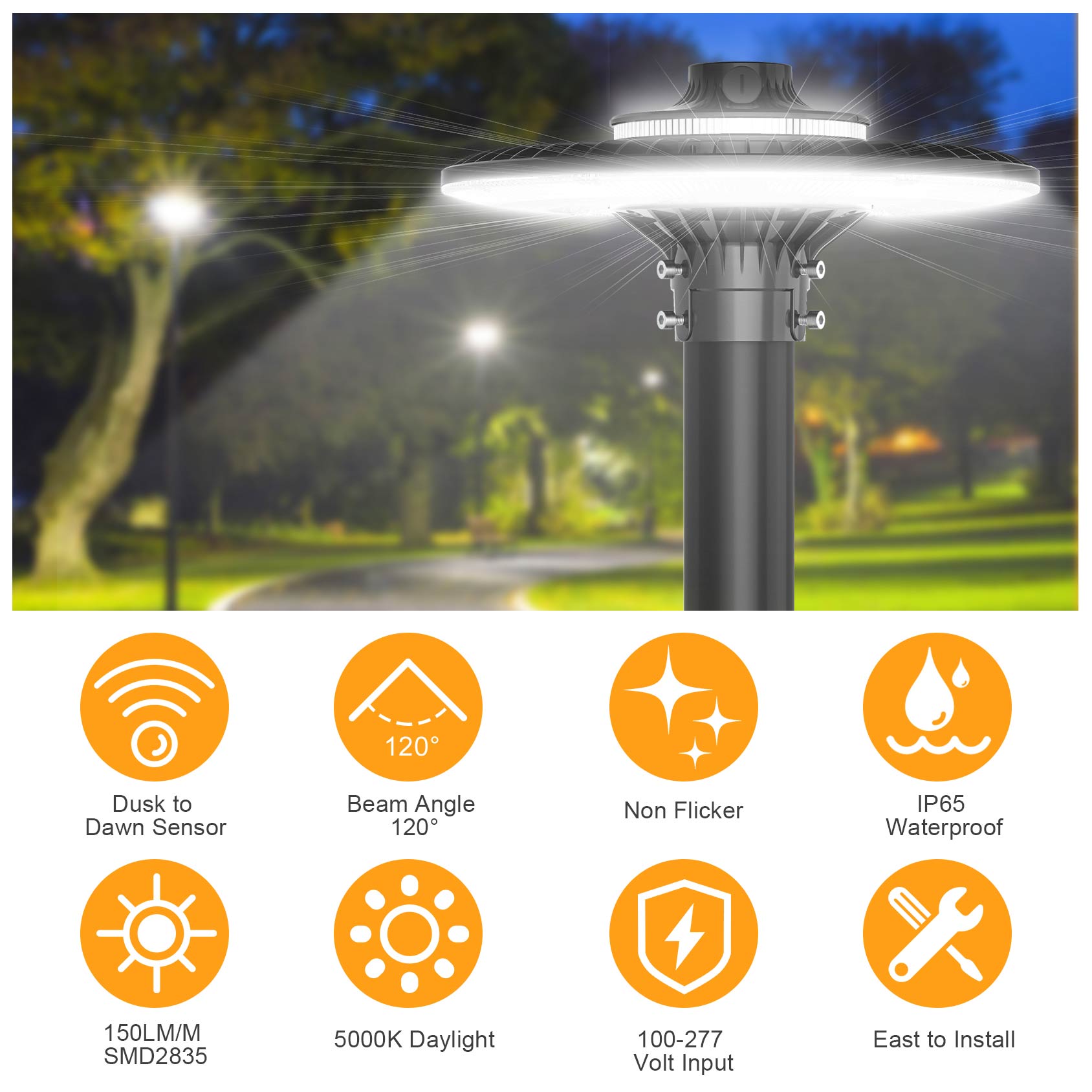 LED Post Top Pole Light with Dusk to Dawn Photocell, 60W/80W/100W/120W/150W/200W Options, 3000K/4000K/5000K CCT Tunable, LED Garden Area Lights for Pathway IP65 Waterproof image 2