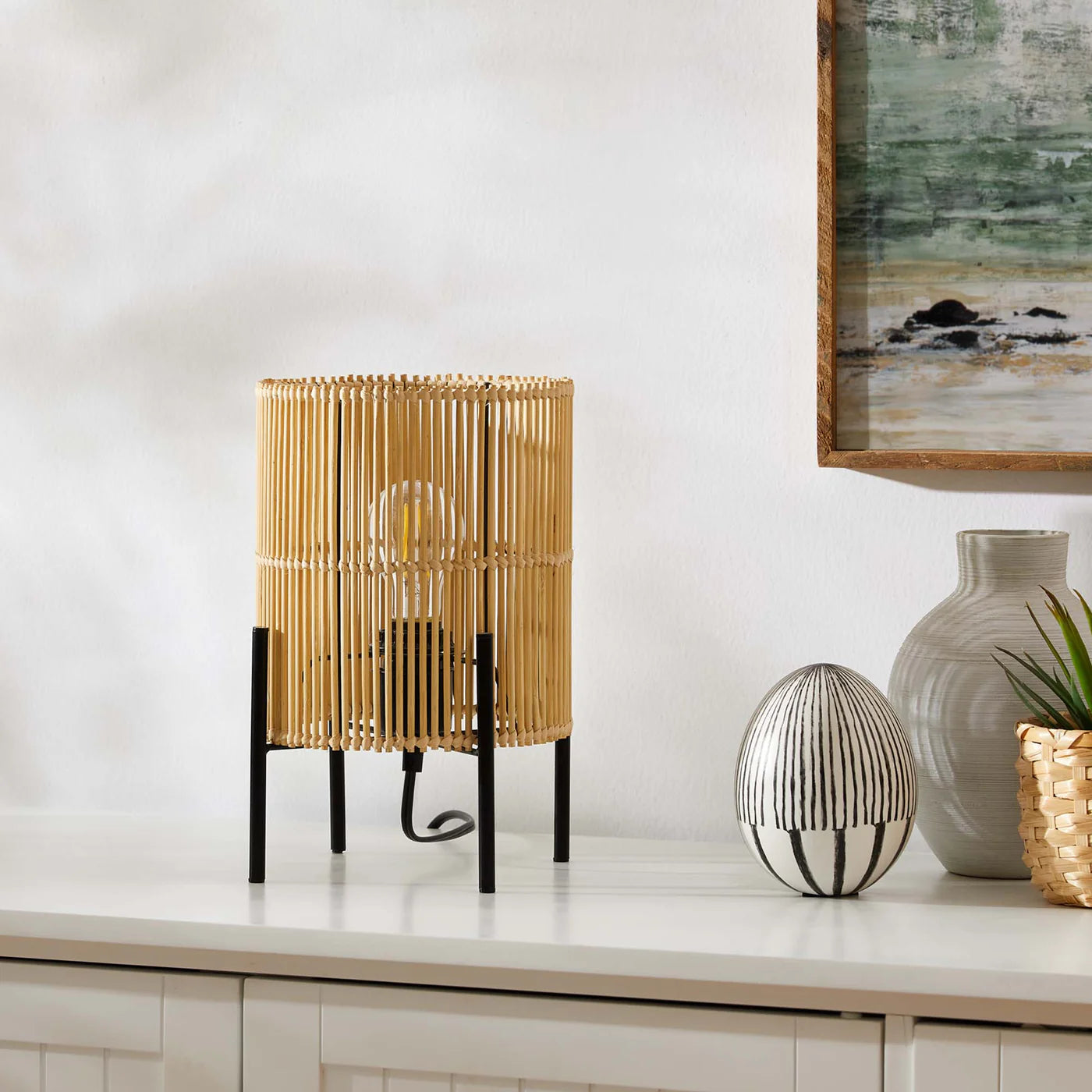 Casen Natural Bamboo Table Lamp | Cylindrical Open-Weave Bamboo Shade | E26 Base | Pack of 2 image 8
