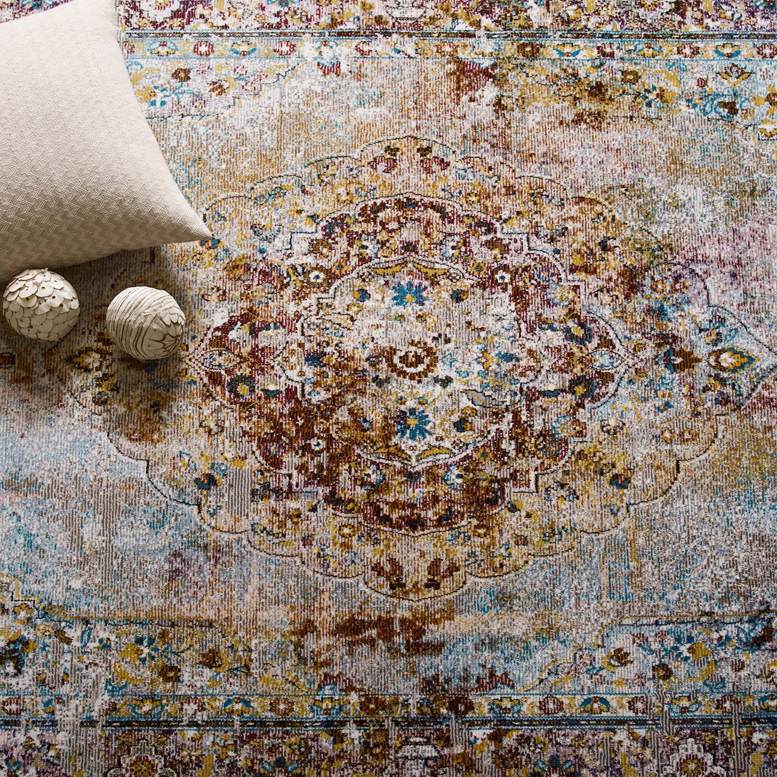 Multicolored Success Merritt Transitional Distressed Floral Vintage Medallion Area Rug | 4X6 &amp; 5X8 Size Options | Tight Low Pile Weave | Gripping Rubber Underside | 100% Soft Polypropylene | Pack Of 2 image 2