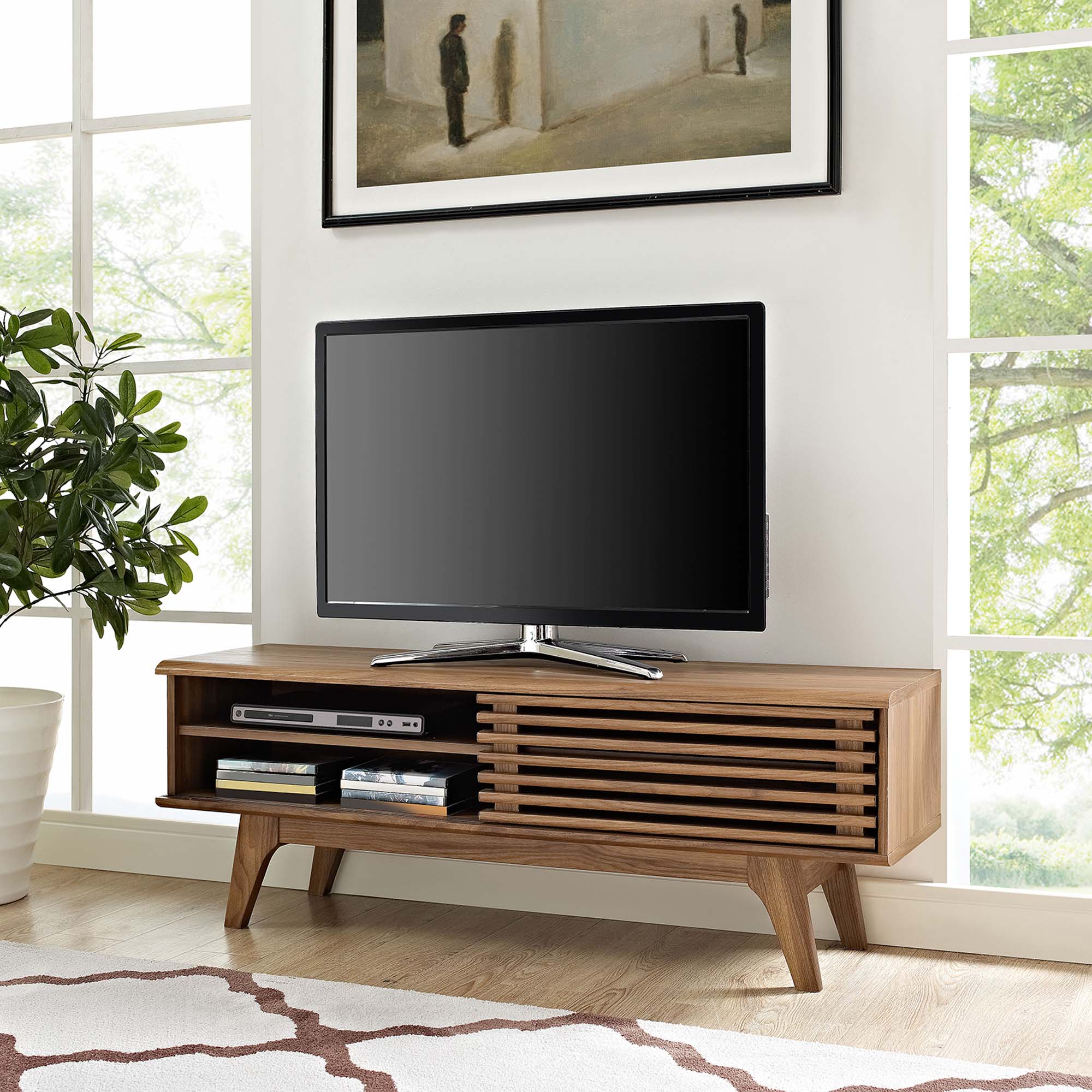Render 48” TV Stand | Oak &amp; Walnut Finish Options | Mid-Century Style | Smooth Wood Grain Laminate | Slatted Sliding Door | Two Cable Management Holes image 0