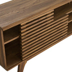 Render 71" Media Console TV Stand | Oak &amp; Walnut Finish Options | Mid-Century Modern Entertainment Center | Smooth Wood Grain Laminate | Durable Particleboard and MDF Construction | Slatted Sliding Doors image 4