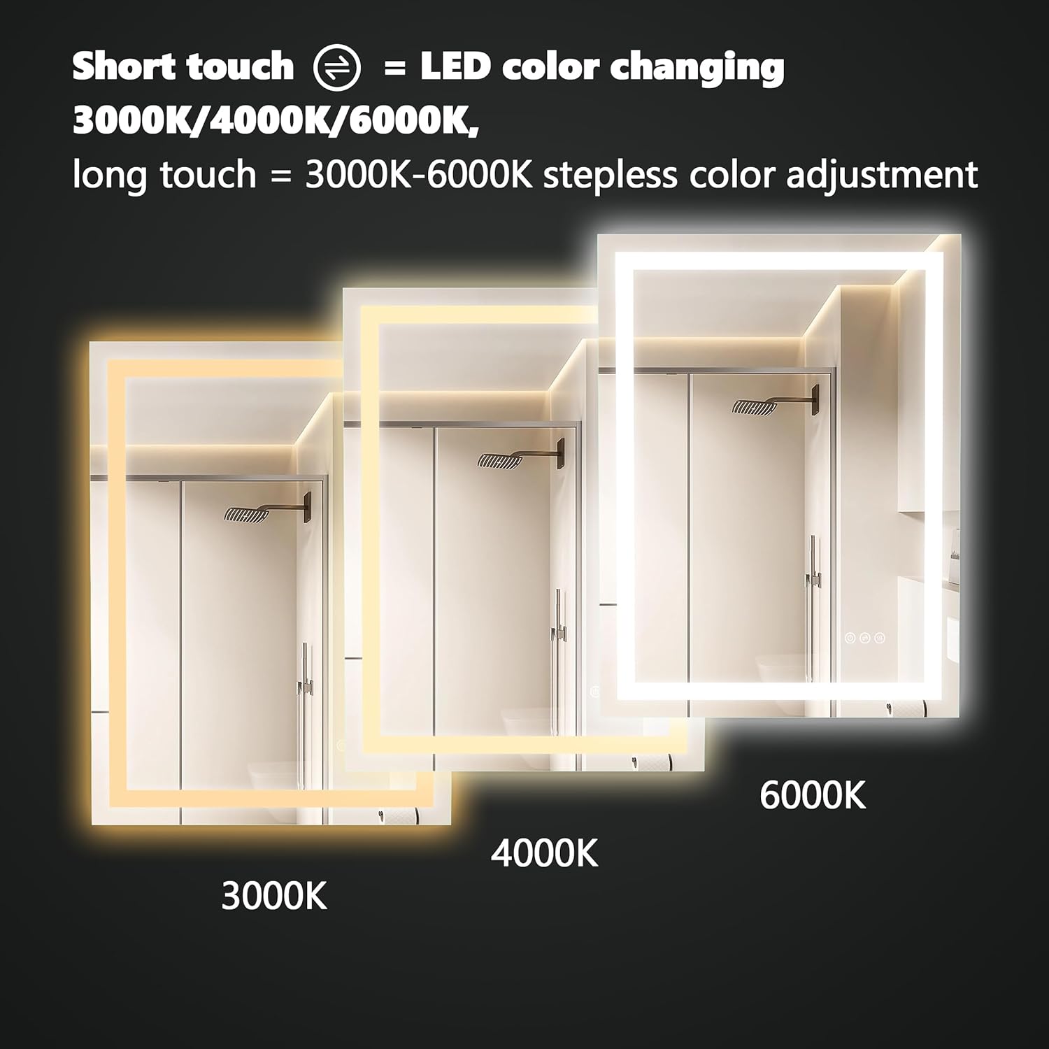 LED Bathroom Mirror 72x36 Inch Front &amp; Backlit Lights Vanity Mirror, Wall Mounted Anti-Fog Dimmable LED Makeup Mirror, IP54 3K-6K Warm/Natural/Daylight, Tempered Glass (Horizontal/Vertical) UL image 3