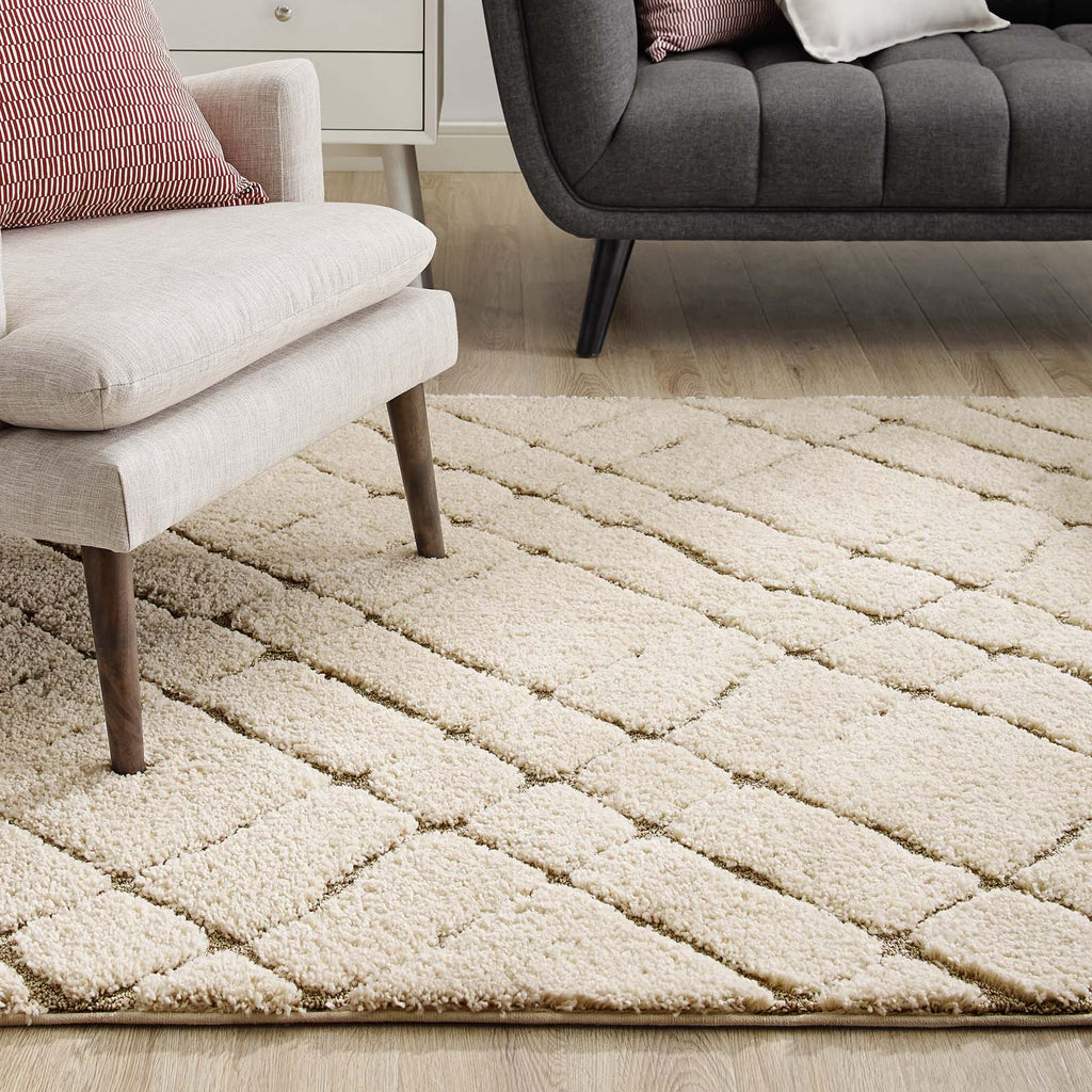 Jubilant Verona Abstract Geometric Shag 5x8 Area Rug | Creame and Beige | Shag Weave Of 1.18 Inches | Gripping Jute Fabric Underside | Soft High Density Polypropylene image 6