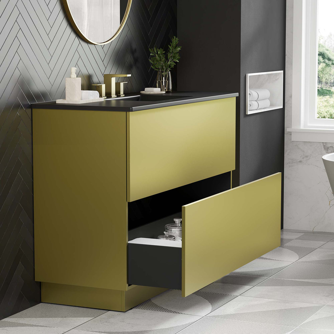 Bathroom Vanity With Sink | Black Gold Or White Gold Color Options| 48" Single Or 48" Double Size Options | Quantum Series | Full Glide Drawer | Modern & Sleek  Design image 1