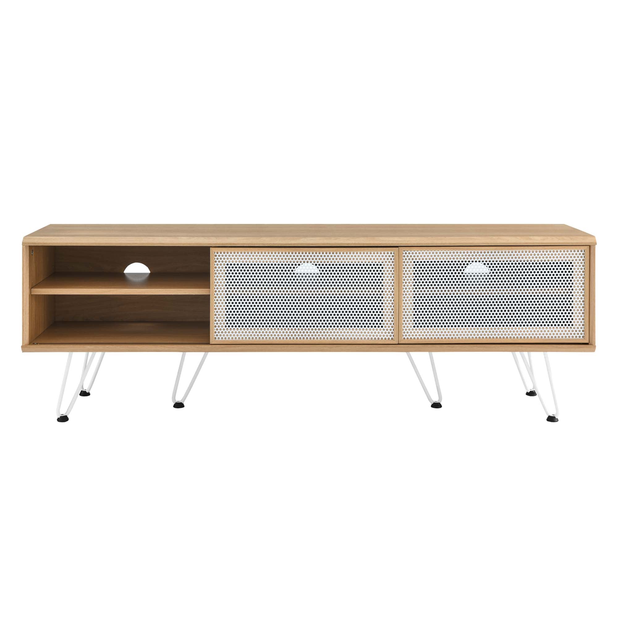 Nomad 59" TV Stand | Oak &amp; Walnut Finish Options | Industrial Modern TV Stand | Sliding Mesh Doors | Honeycomb Core | Wood Grain Laminate | Hairpin Legs image 4