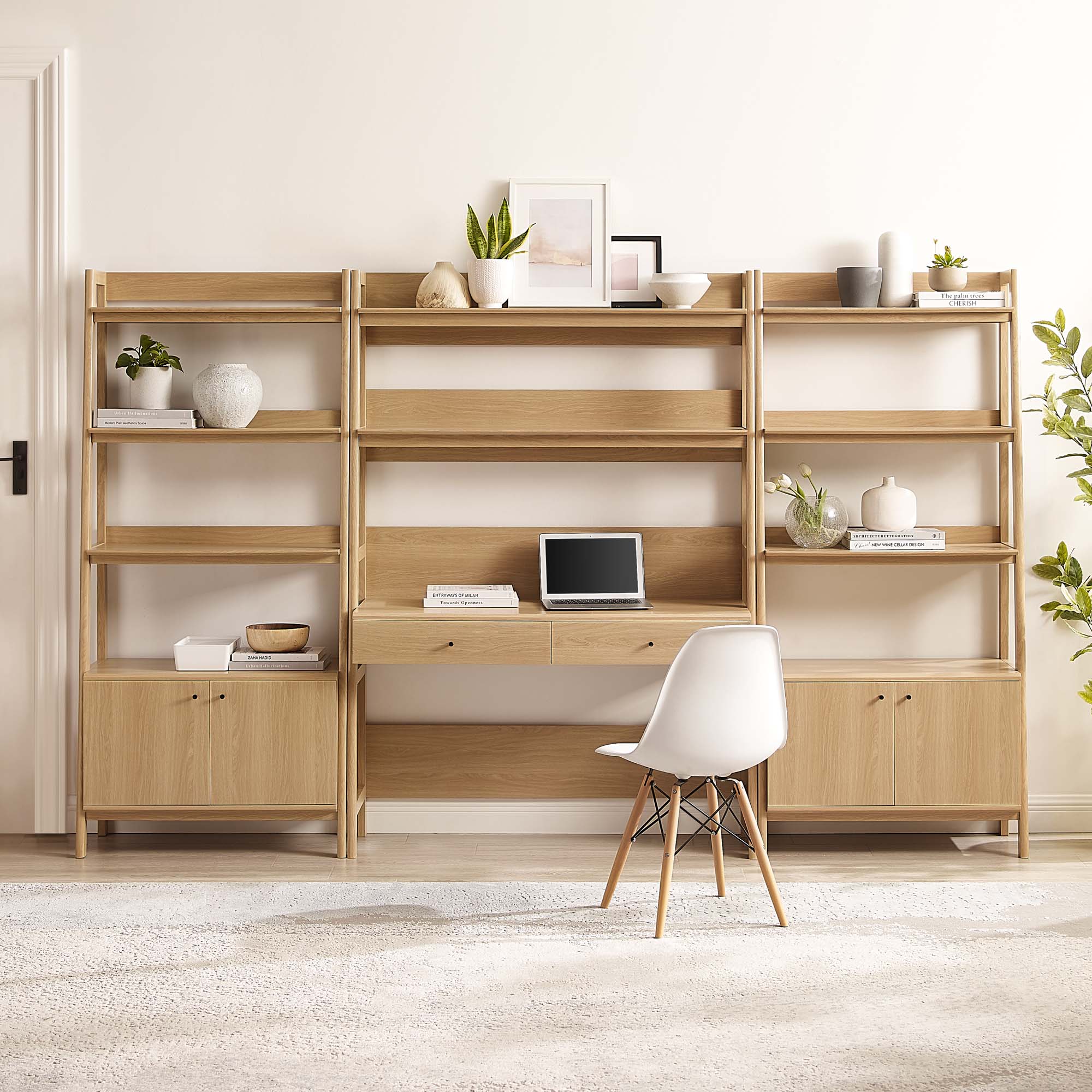 Bixby 3-Piece Wood Office Desk and Bookshelf | Walnut, Walnut White &amp; Oak Color Options | Particleboard &amp; MDF | Full-Extension Drawers | Tiered Desk and Bookshelf image 1