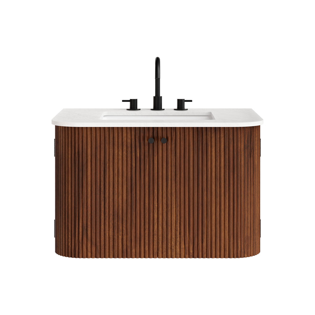 Wall Mount Bathroom Vanity With Marble Sink | Zia Series | 24" & 30" Sizes Available | Natural, Ivory & Walnut Color Options | Modern Design | Soft-Close Hinges | 8" Widespread Faucet Holes | Fluted Pattern image 7