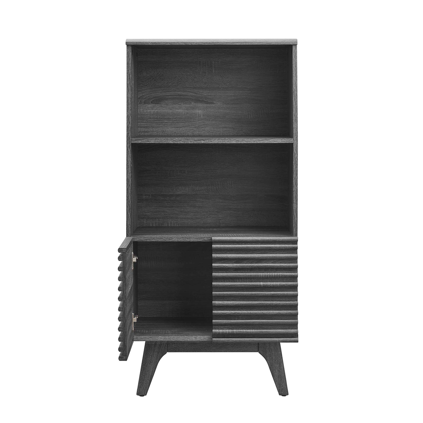 Render Display Cabinet Bookshelf | Oak &amp; Charcoal Color Options | Mid-Century Display Cabinet | Smooth Wood Grain Laminate | Soft-Close Hinges image 10