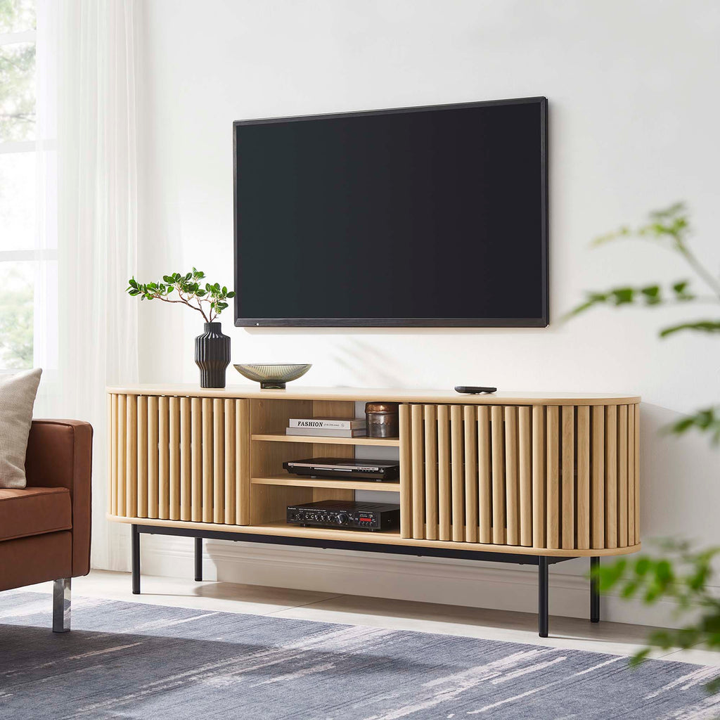 Contour 63" Wood TV Stand | Oak &amp; Walnut Finish Options | Mid-Century Modern TV Stand | Rubberwood, Particleboard, MDF | Adjustable Shelves | Sliding Doors image 1