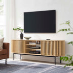 Contour 63" Wood TV Stand | Oak &amp; Walnut Finish Options | Mid-Century Modern TV Stand | Rubberwood, Particleboard, MDF | Adjustable Shelves | Sliding Doors image 1