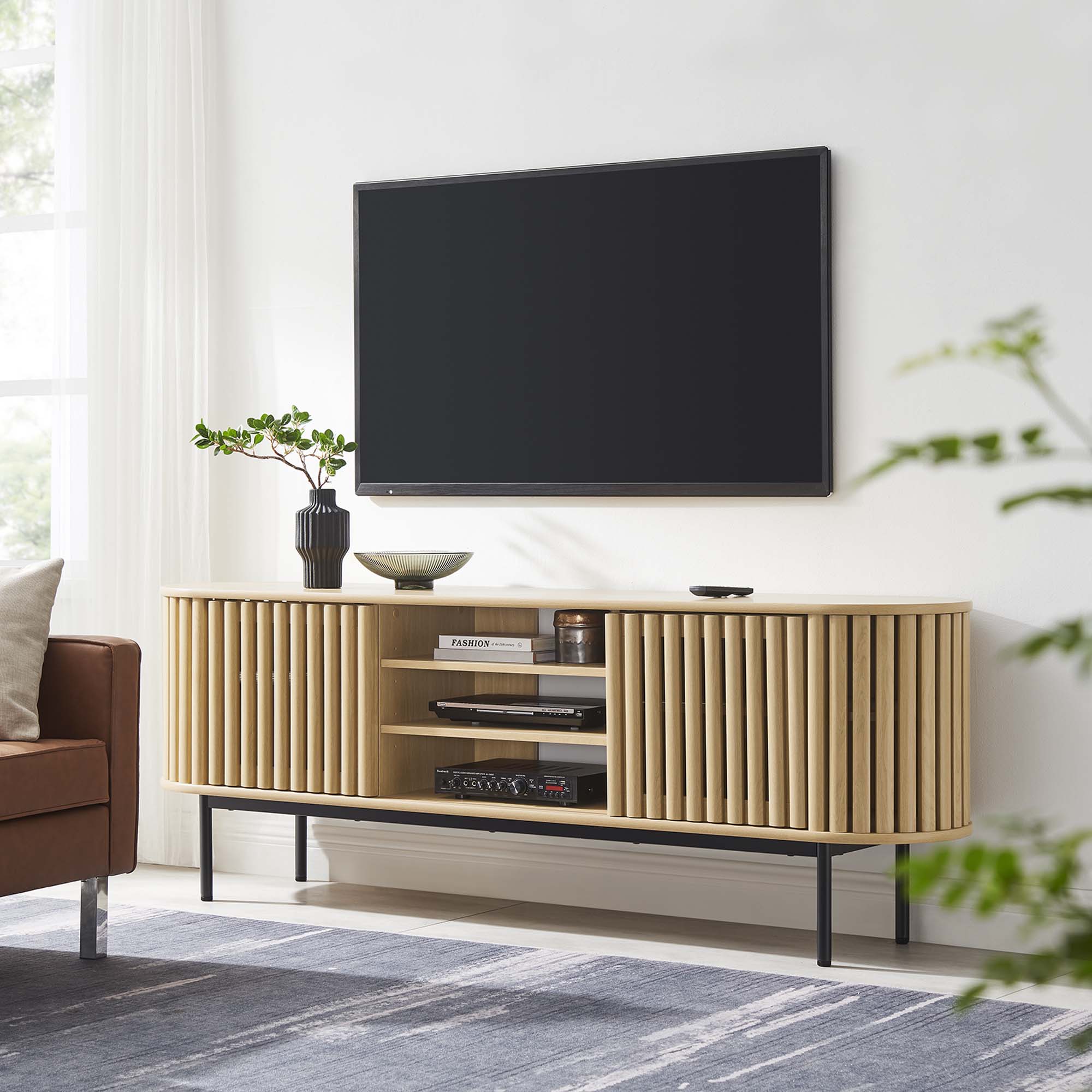 Contour 63" Wood TV Stand | Oak &amp; Walnut Finish Options | Mid-Century Modern TV Stand | Rubberwood, Particleboard, MDF | Adjustable Shelves | Sliding Doors image 1