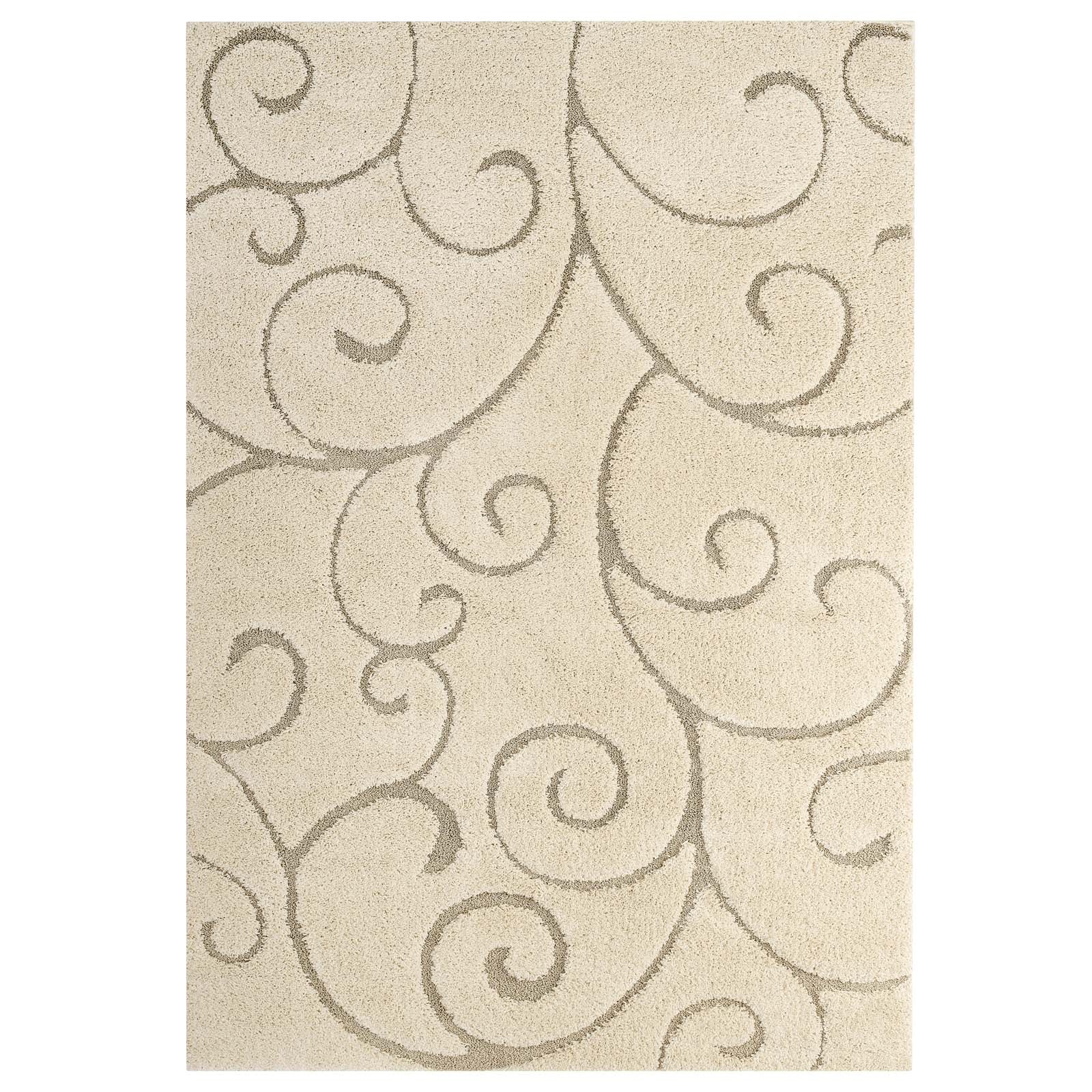 Jubilant Burgeon Scrolling Vine Shag 5x8 Area Rug | Creame and Beige | Shag Weave Of 1.18 Inches | Gripping Jute Fabric Underside | Soft High Density Polypropylene image 1