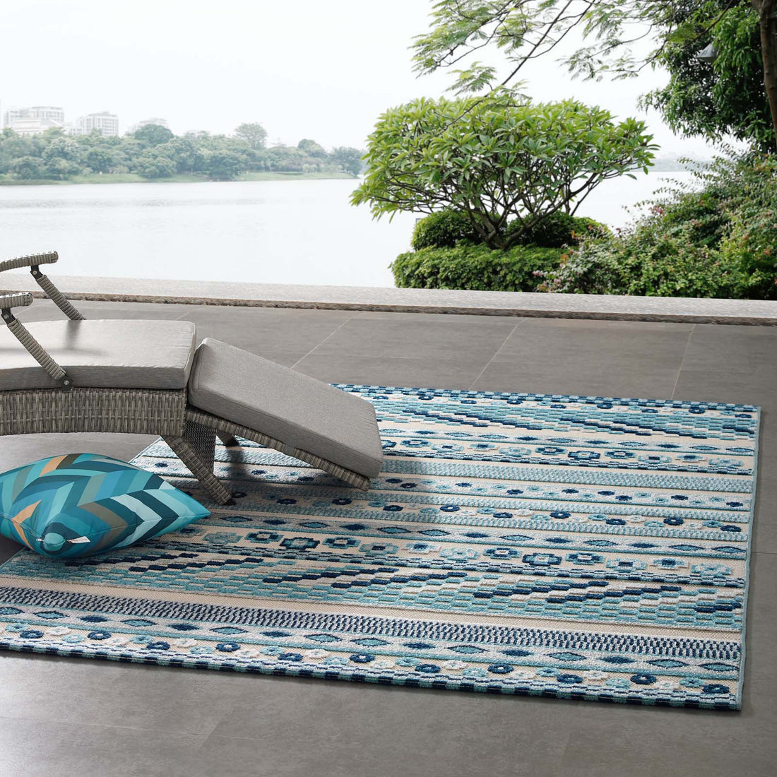 Reflect Cadhla Vintage Abstract Geometric Lattice Indoor and Outdoor Area Rug | 5X8 &amp; 8X10 Size Options  | Ivory and Blue &amp; Multicolored | Tight Low Pile Weave | Gripping Rubber Underside | 100% Polypropylene Sisal image 3