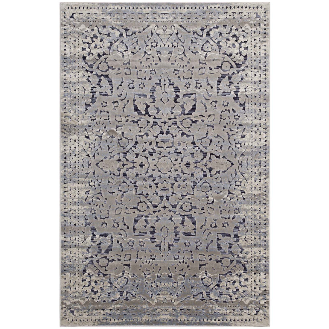 Margarida Distressed Vintage Turkish Area Rug | Blue and Cream | 5X8 &amp; 8X10 Size Options | Textured Soft Low Pile Weave | Gripping Rubber Underside | Polypropylene / Chenille Yarn image 1