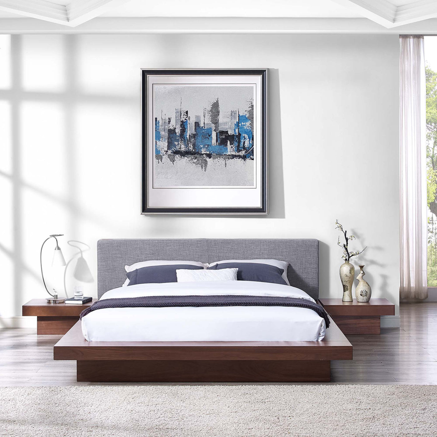 3-Piece Fabric Queen Bed With Night Stands And Headboard In Walnut Grey | Freja Series image 1