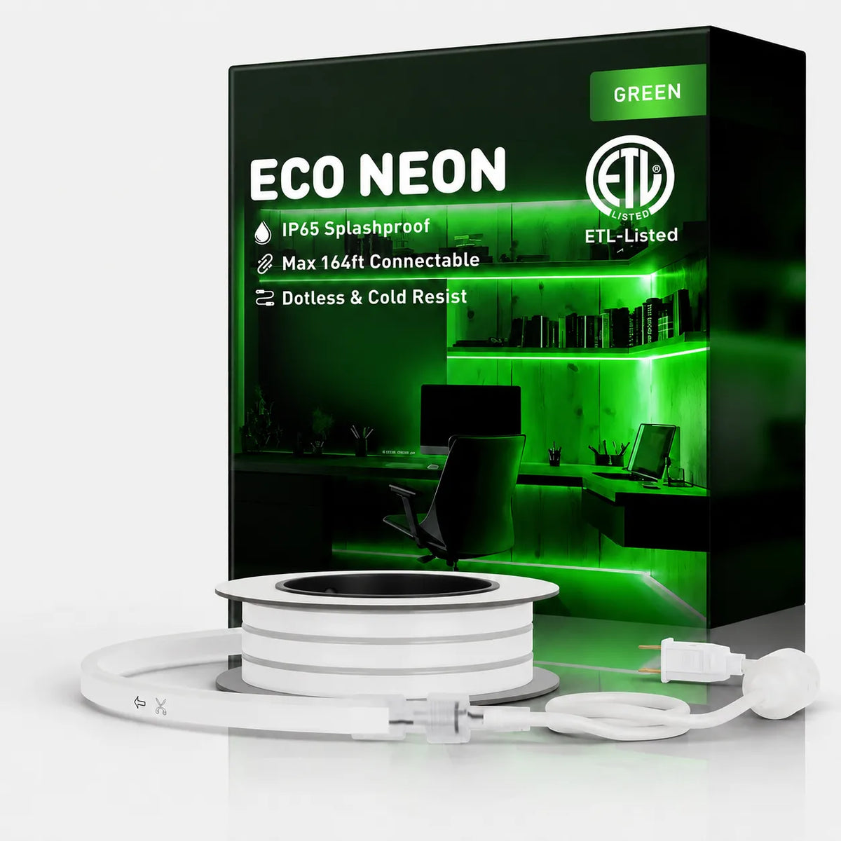 Green LED Neon Rope Light – Dotless, Cuttable, IP65, ETL Listed
