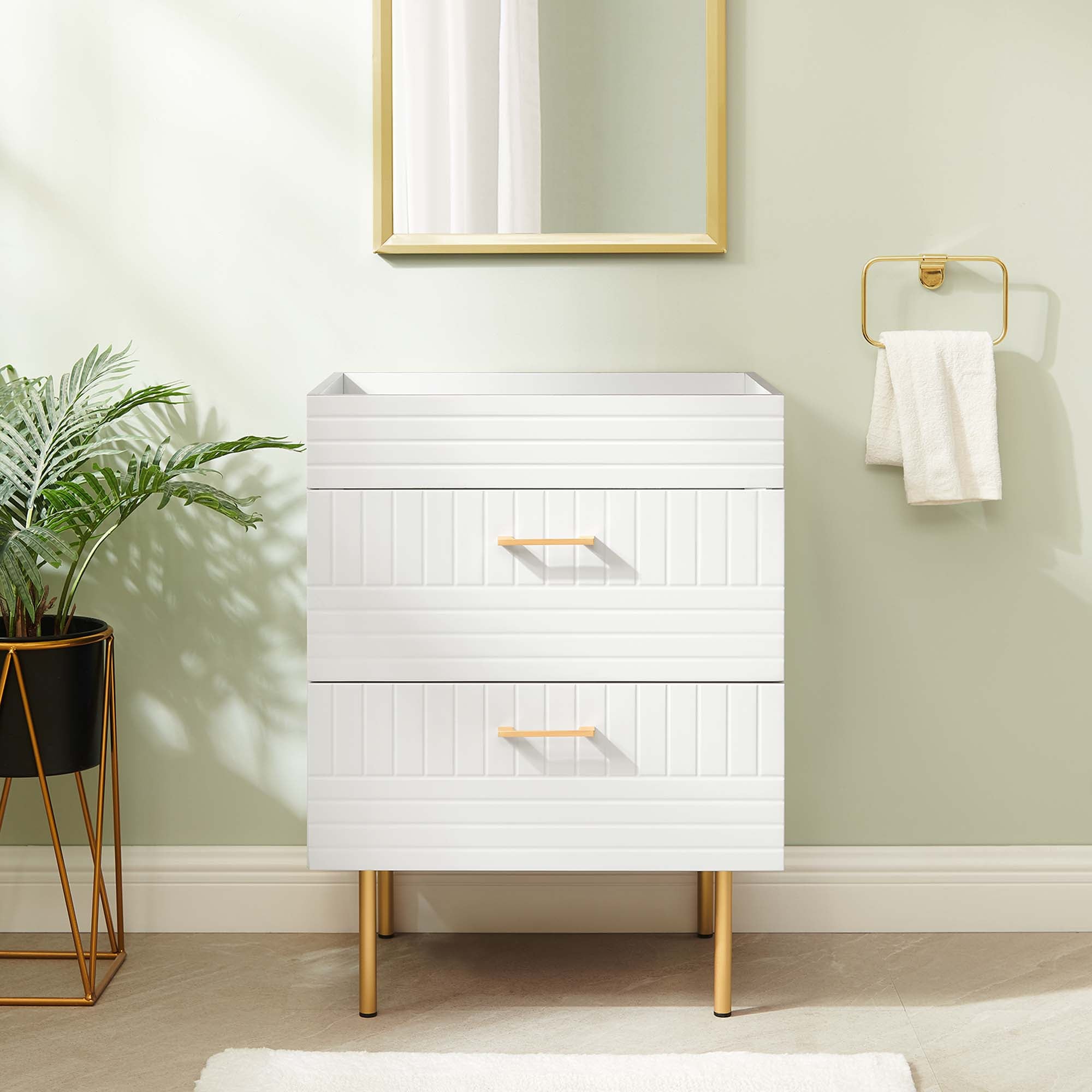 24" Bathroom Vanity Cabinet (Sink Basin Not Included) | Daybreak Series | Green, Light Gray & White Color Options | Full-Extension Drawers | Rubberwood, MDF, Particleboard Construction | Gold Metal Legs image 0