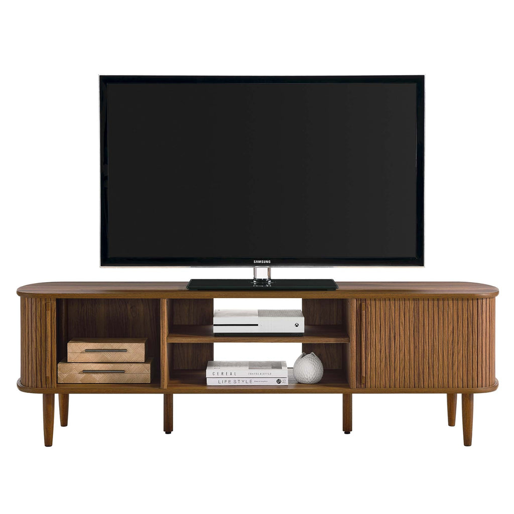 Contour 63" Wood TV Stand | Oak &amp; Walnut Finish Options | Mid-Century Modern TV Stand | Rubberwood, Particleboard, MDF | Adjustable Shelves | Sliding Doors image 7