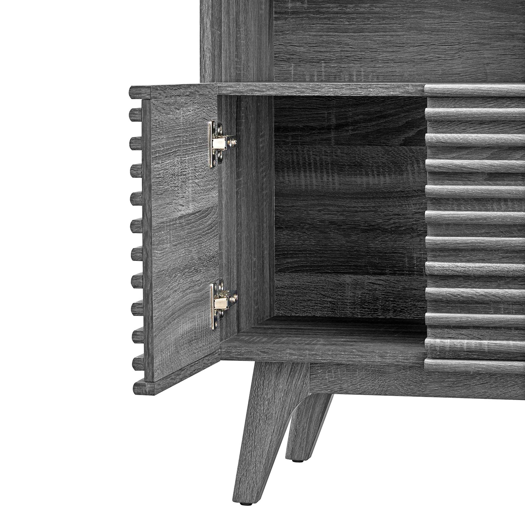 Render Display Cabinet Bookshelf | Oak &amp; Charcoal Color Options | Mid-Century Display Cabinet | Smooth Wood Grain Laminate | Soft-Close Hinges image 9
