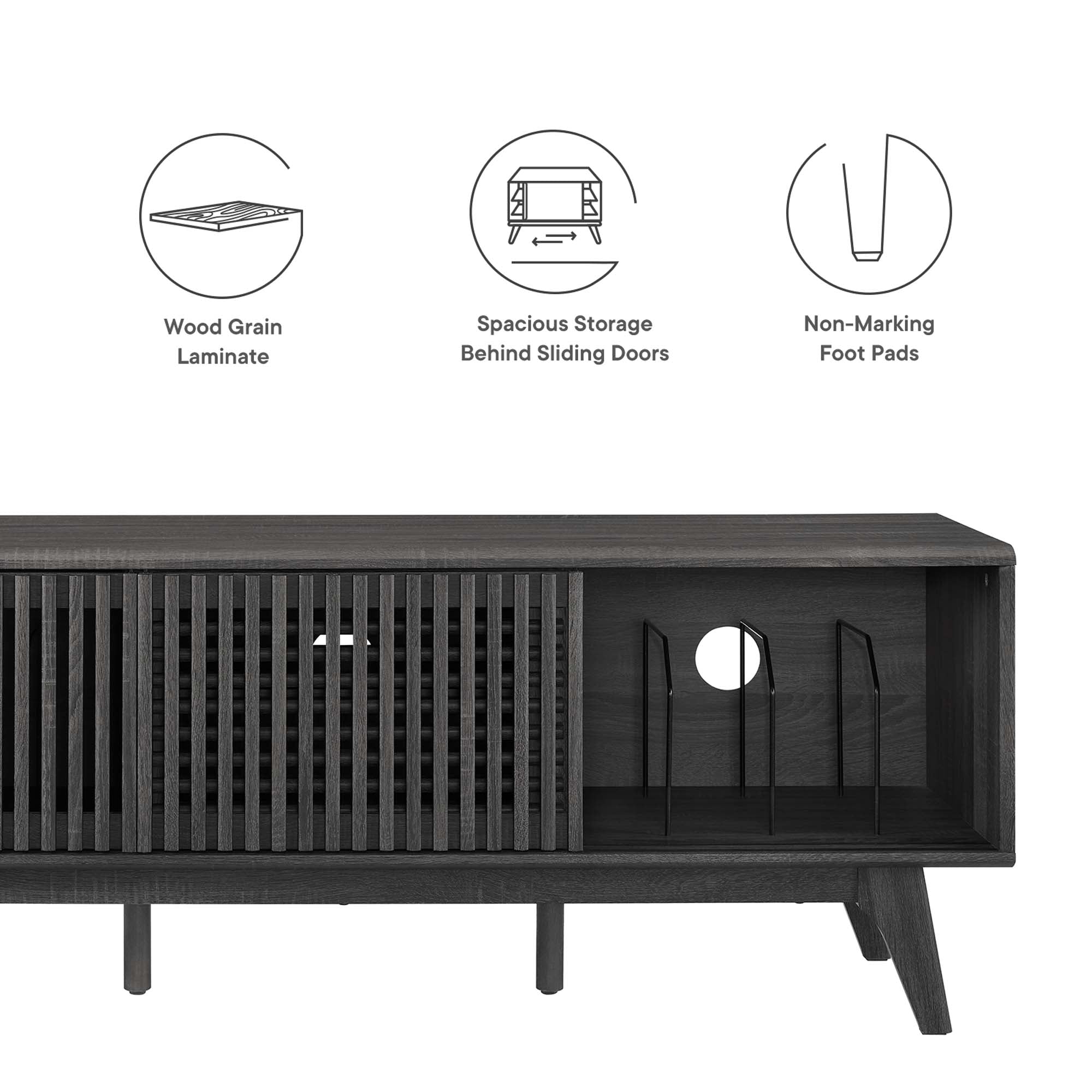 Iterate 59" TV Stand | Charcoal &amp; Walnut Finish Options | Contemporary TV Stand | Particleboard Construction | Wood Grain Laminate | Cable Management Holes | Slatted Sliding Doors image 3
