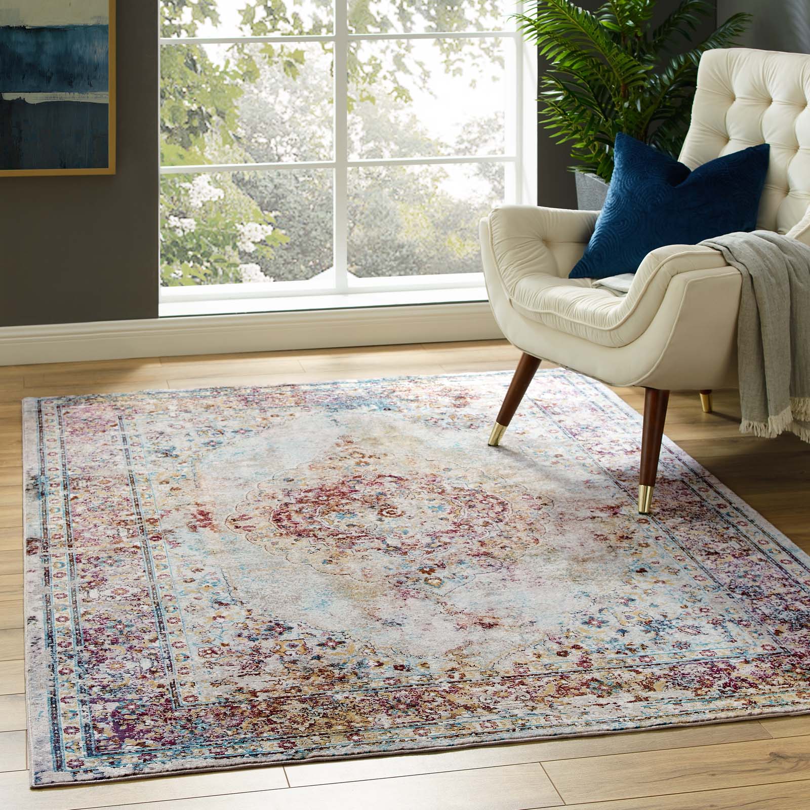 Multicolored Success Merritt Transitional Distressed Floral Vintage Medallion Area Rug | 4X6 &amp; 5X8 Size Options | Tight Low Pile Weave | Gripping Rubber Underside | 100% Soft Polypropylene | Pack Of 2 image 4