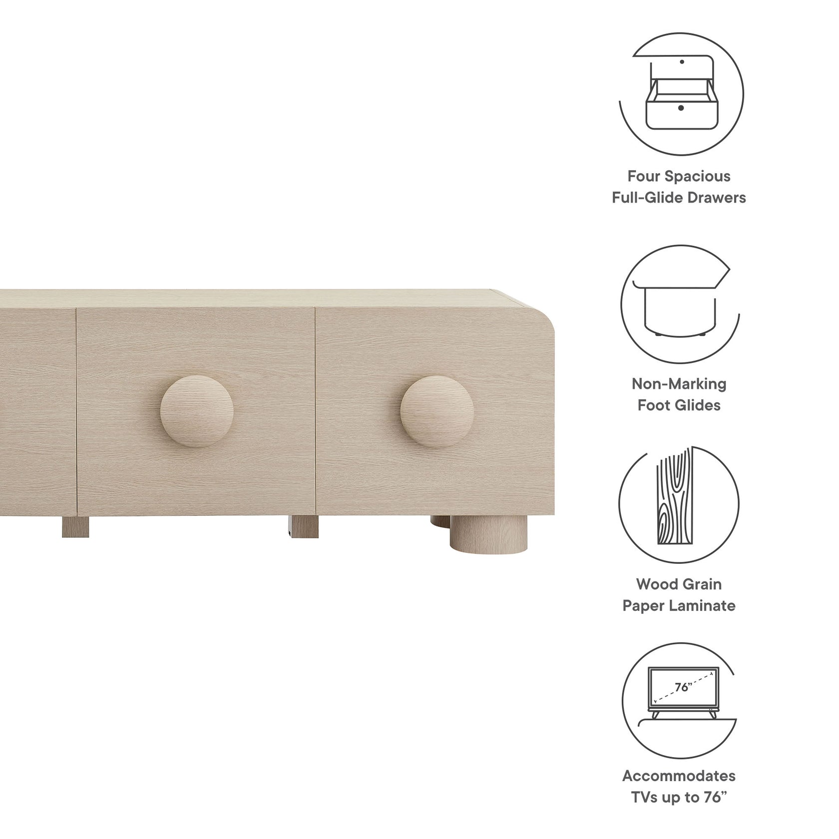 Sonnet 69" Low Profile TV Stand | Black &amp; Ash Finish Options | Low Profile Media Console | Wood Grain Paper Laminate | Non-Marking Foot Glides | Full-Glide Drawers image 2