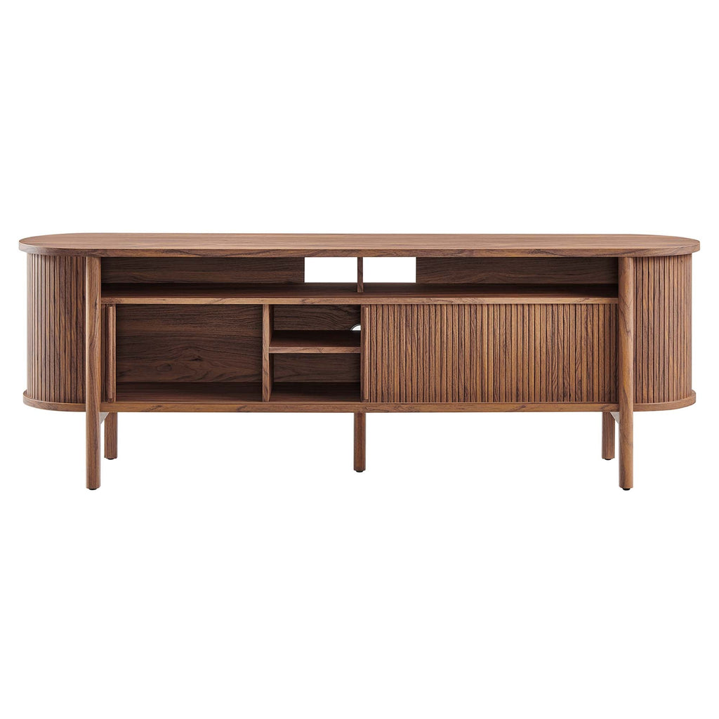 Cadence 71" Curved TV Stand | Oak &amp; Walnut Finish Options | Wood, Particleboard, MDF | Wood Grain Laminate | Adjustable Shelf | Cable Management Hole | Leveling Non-Marking Feet image 9