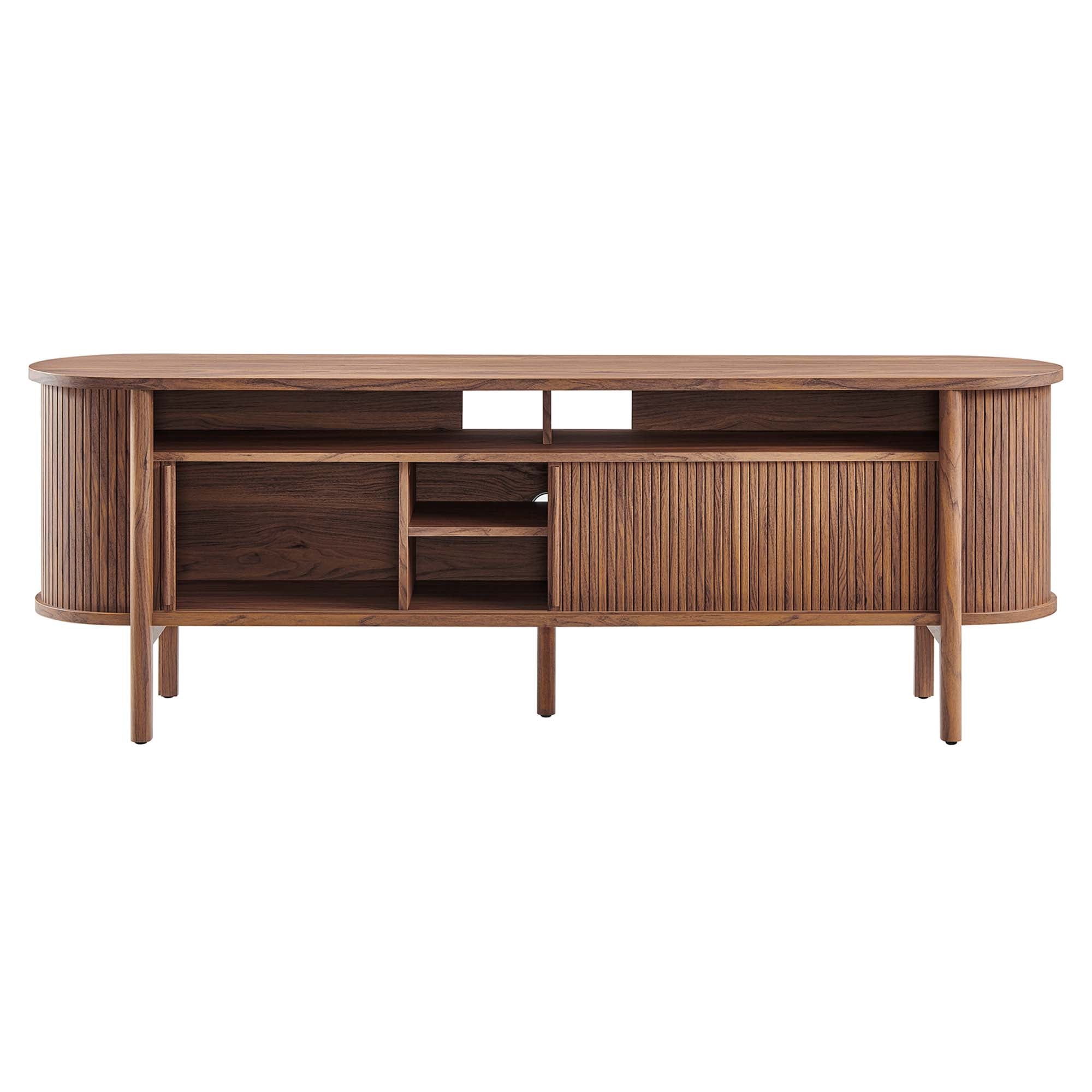 Cadence 71" Curved TV Stand | Oak &amp; Walnut Finish Options | Wood, Particleboard, MDF | Wood Grain Laminate | Adjustable Shelf | Cable Management Hole | Leveling Non-Marking Feet image 9