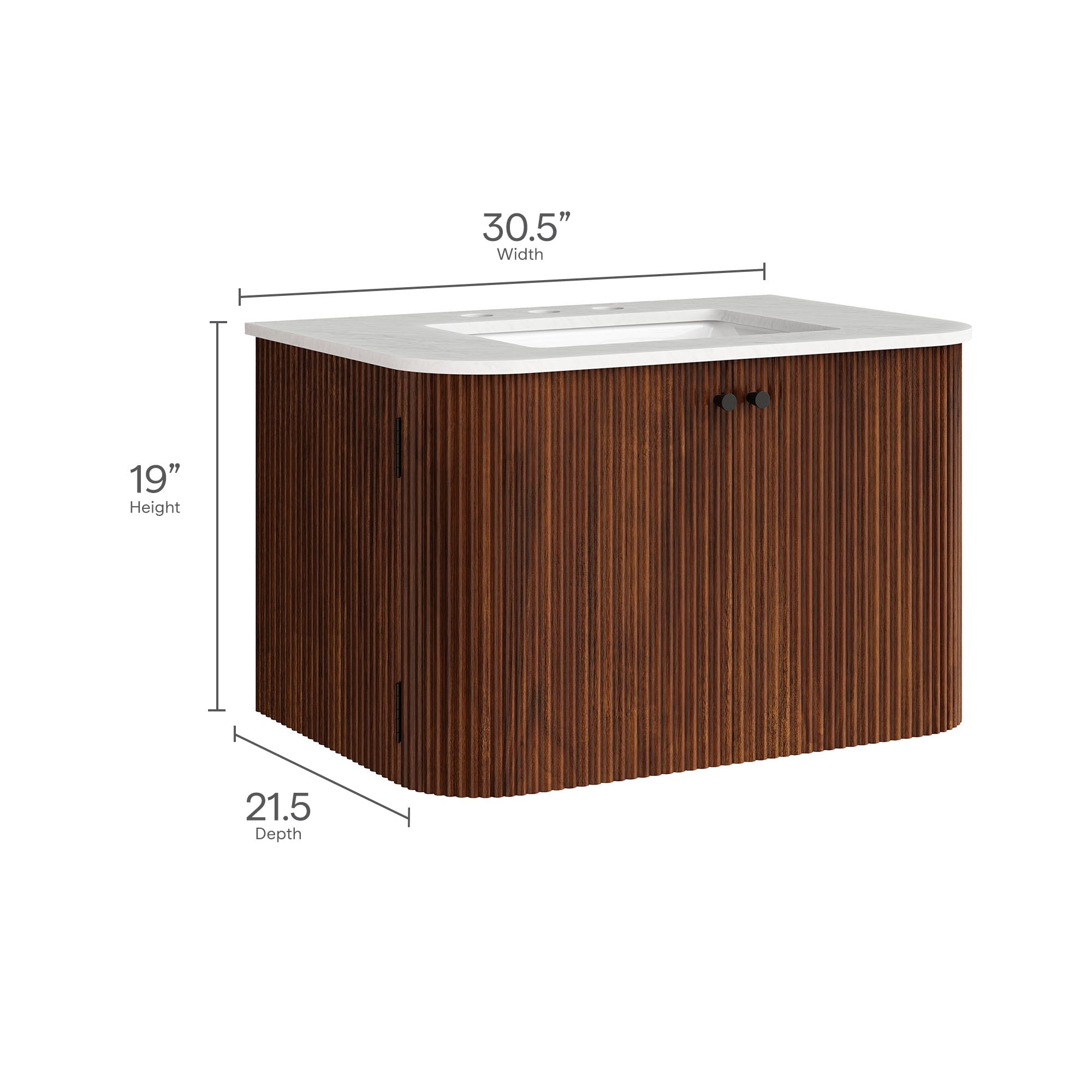 Wall Mount Bathroom Vanity With Marble Sink | Zia Series | 24" & 30" Sizes Available | Natural, Ivory & Walnut Color Options | Modern Design | Soft-Close Hinges | 8" Widespread Faucet Holes | Fluted Pattern image 2