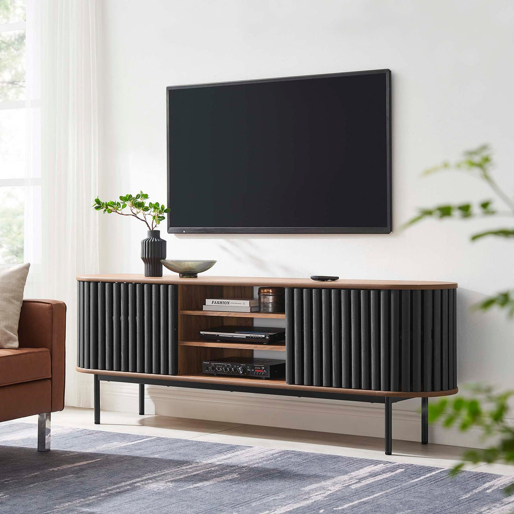 Fortitude 71" TV Stand | Oak &amp; Walnut Black Finish Options | Metal Legs | Open Back Design | Adjustable Shelves | Two Sliding Doors | MDF and Particleboard image 0